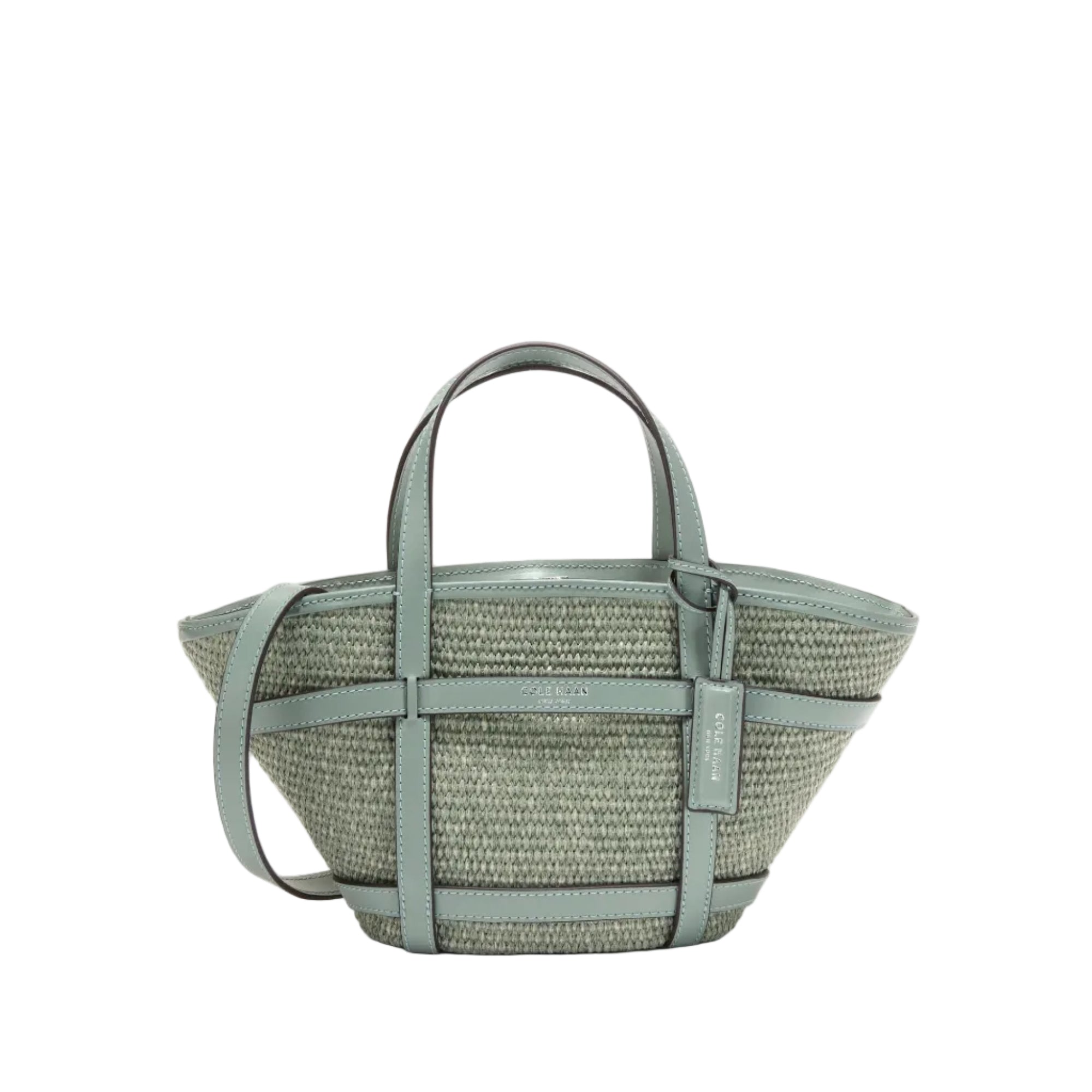 Women's Key West Tote Crossbody Bag Light blue woven handbag with leather straps on a white background