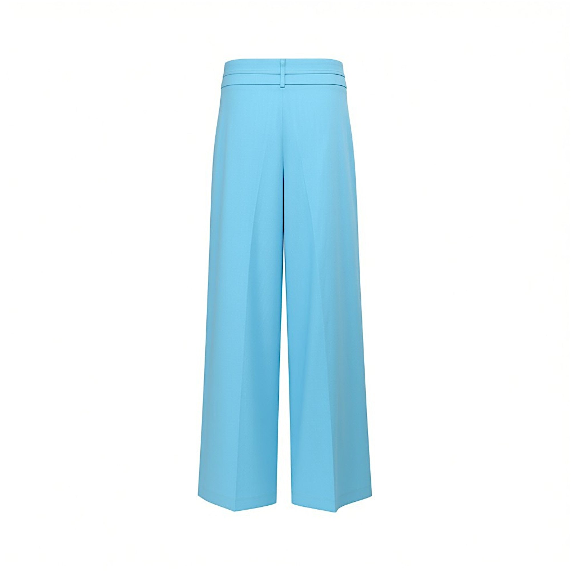 Back view of women's sky blue wide-leg trousers showcasing clean tailoring and a structured waistband from BLUE SALON shop.