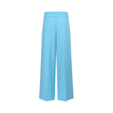 Back view of women's sky blue wide-leg trousers showcasing clean tailoring and a structured waistband from BLUE SALON shop.