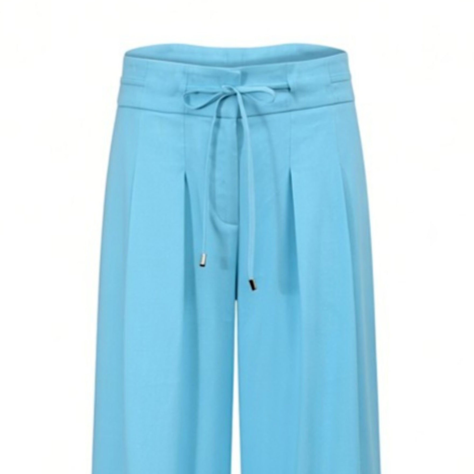 Close-up shot highlighting the detailed drawstring waistband, metallic hardware, and front pleating on the sky blue trousers at BLUE SALON shop.