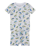 White short-sleeved pyjama top and shorts set with a multicoloured car and splatter pattern.