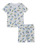 White short-sleeved pyjama set with matching shorts, featuring a multicolor pattern of small cars, curved lines, and speckles