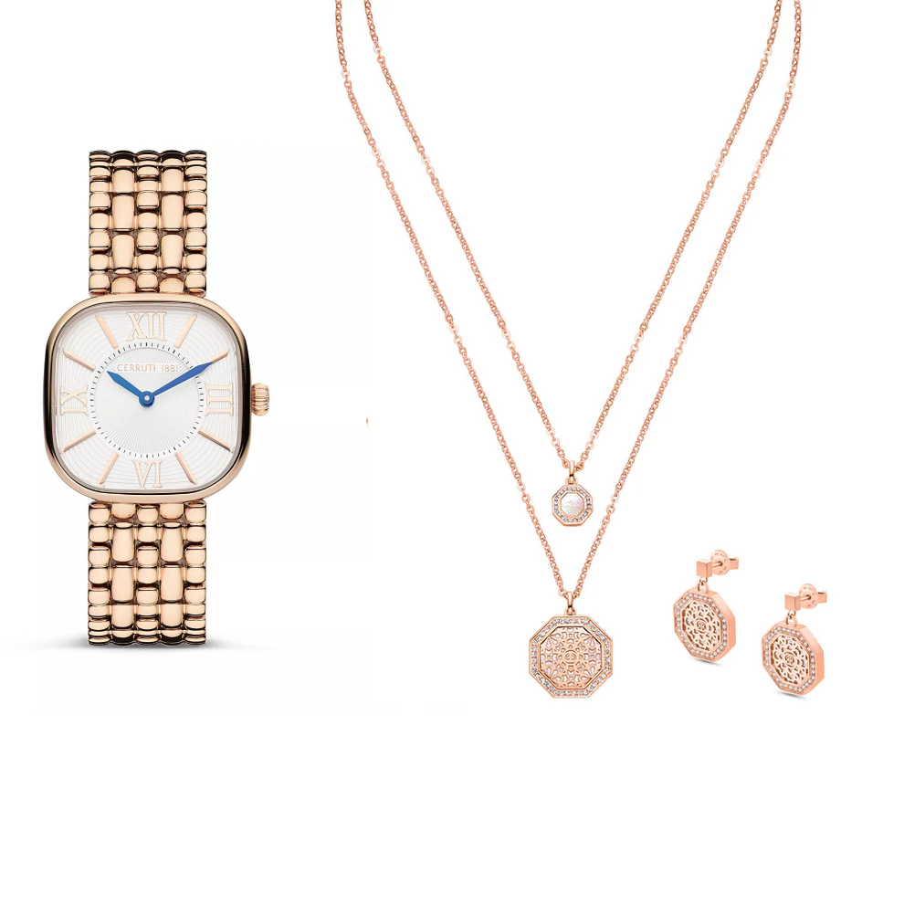Cerruti 1881 Casena Ladies 3-Piece Gift Set - Rose Gold-Tone Watch, Necklace & Earrings | departure-to-desk | Fashion Watches | new-season-2025 | Watch | Watch Set | Watches | Women | Womens | Womens Watches