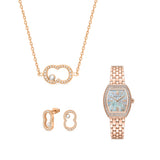 Rose gold-toned Cerruti women's watch set with mother-of-pearl dial, clear stone embellished necklace and stud earrings.