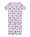 White short-sleeved pyjama top and shorts set with pink, blue, and purple butterfly and star pattern.