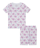 White short-sleeve pyjama top and shorts set with an all-over print of pink and purple butterflies and small pink and blue fl