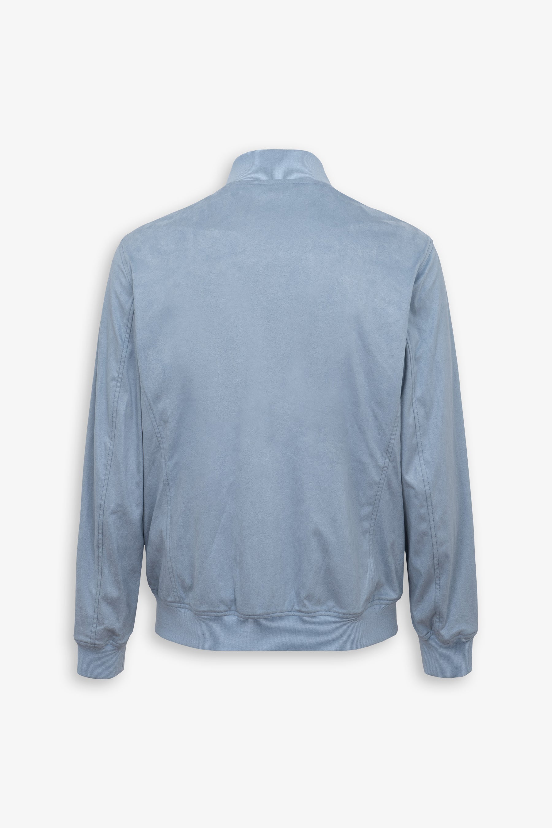 Light blue suede-like bomber jacket, back view. Features a ribbed collar, cuffs, and hem, with vertical seams on the back.