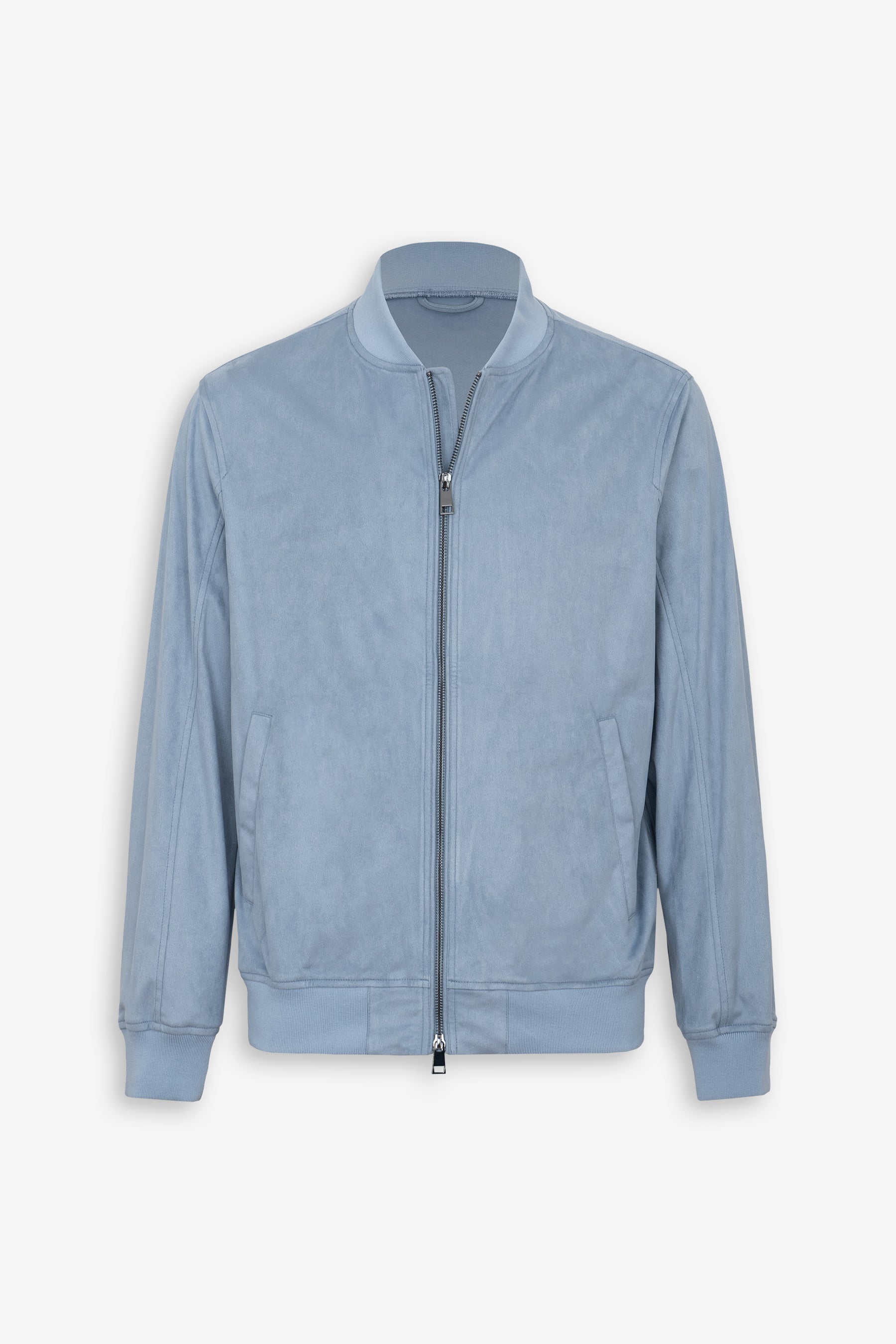 Light blue suede bomber jacket with ribbed collar, cuffs, and hem. Features a silver-toned front zipper and two slit pockets.