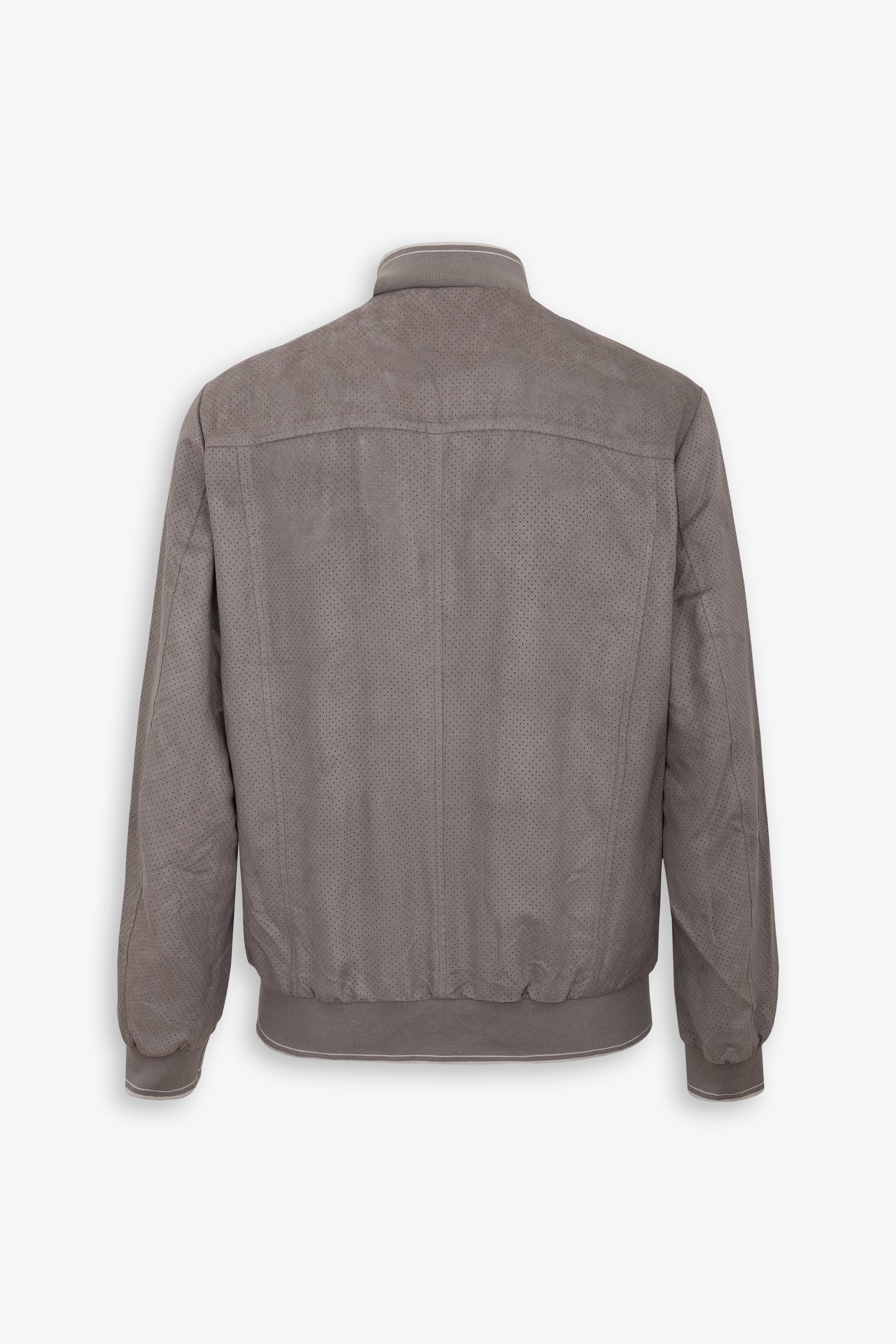 Taupe suede-like bomber jacket, back view. Features perforated body and sleeves, ribbed collar, cuffs, and hem with light str