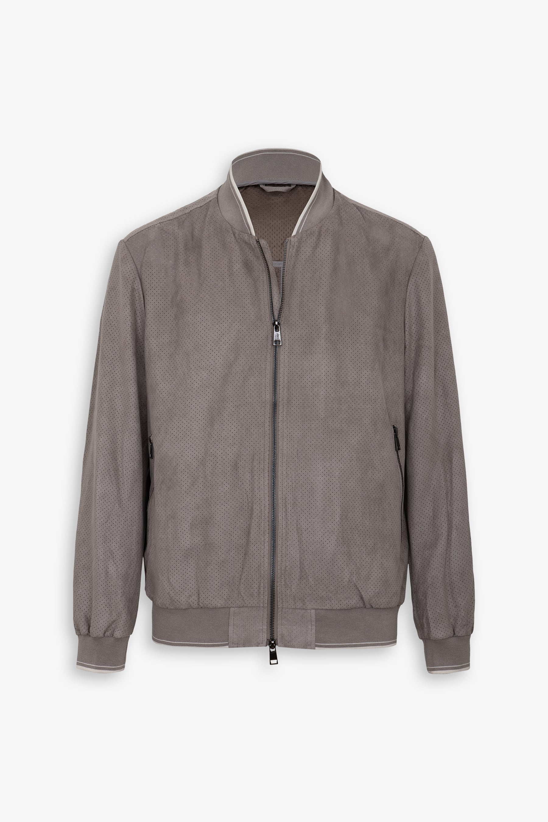 Tortora perforated suede bomber jacket with ribbed collar, cuffs, and hem, each featuring a white stripe. Full-zip front and