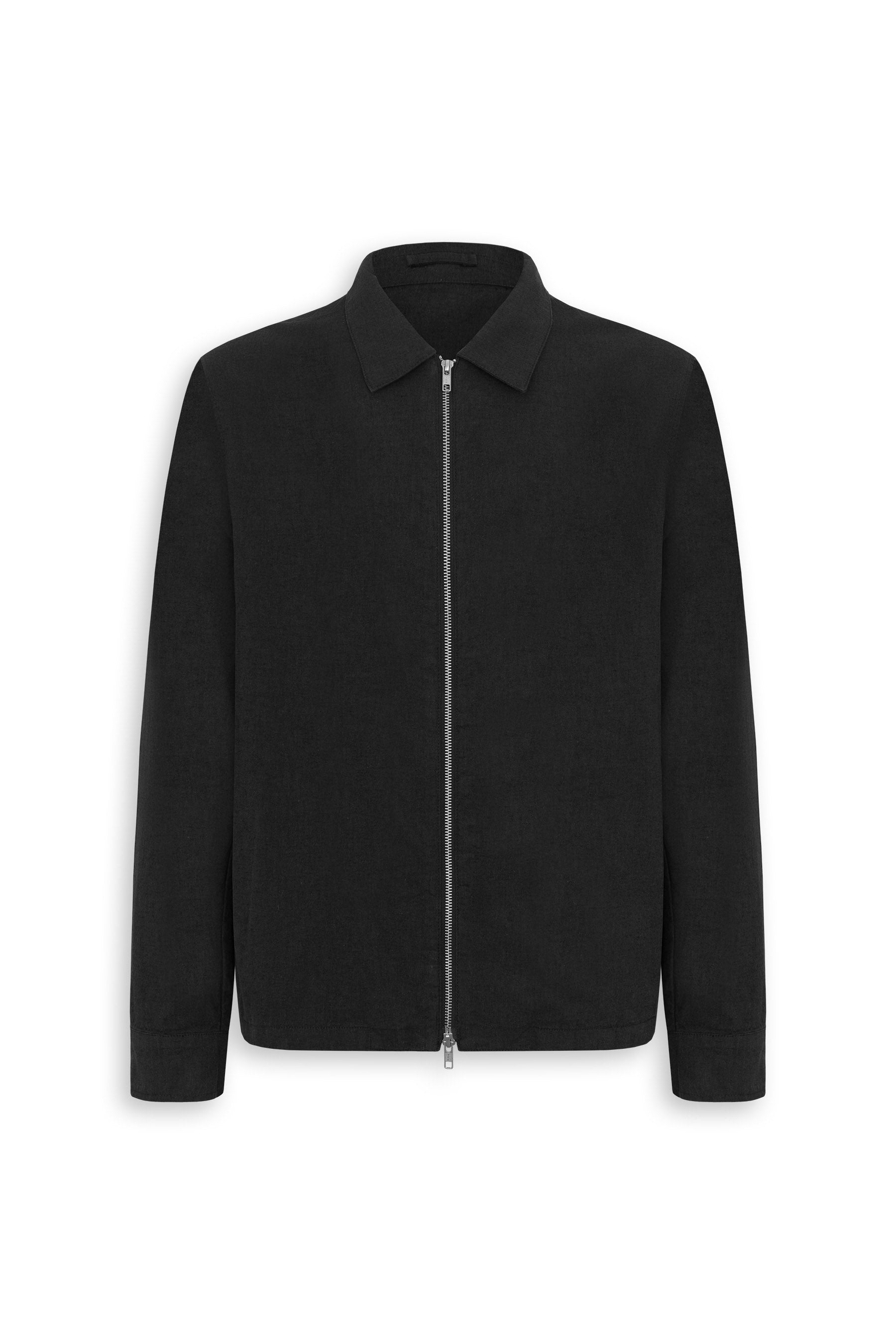 Black collared jacket with a full-length silver-toned zipper, long sleeves, and a straight hem.