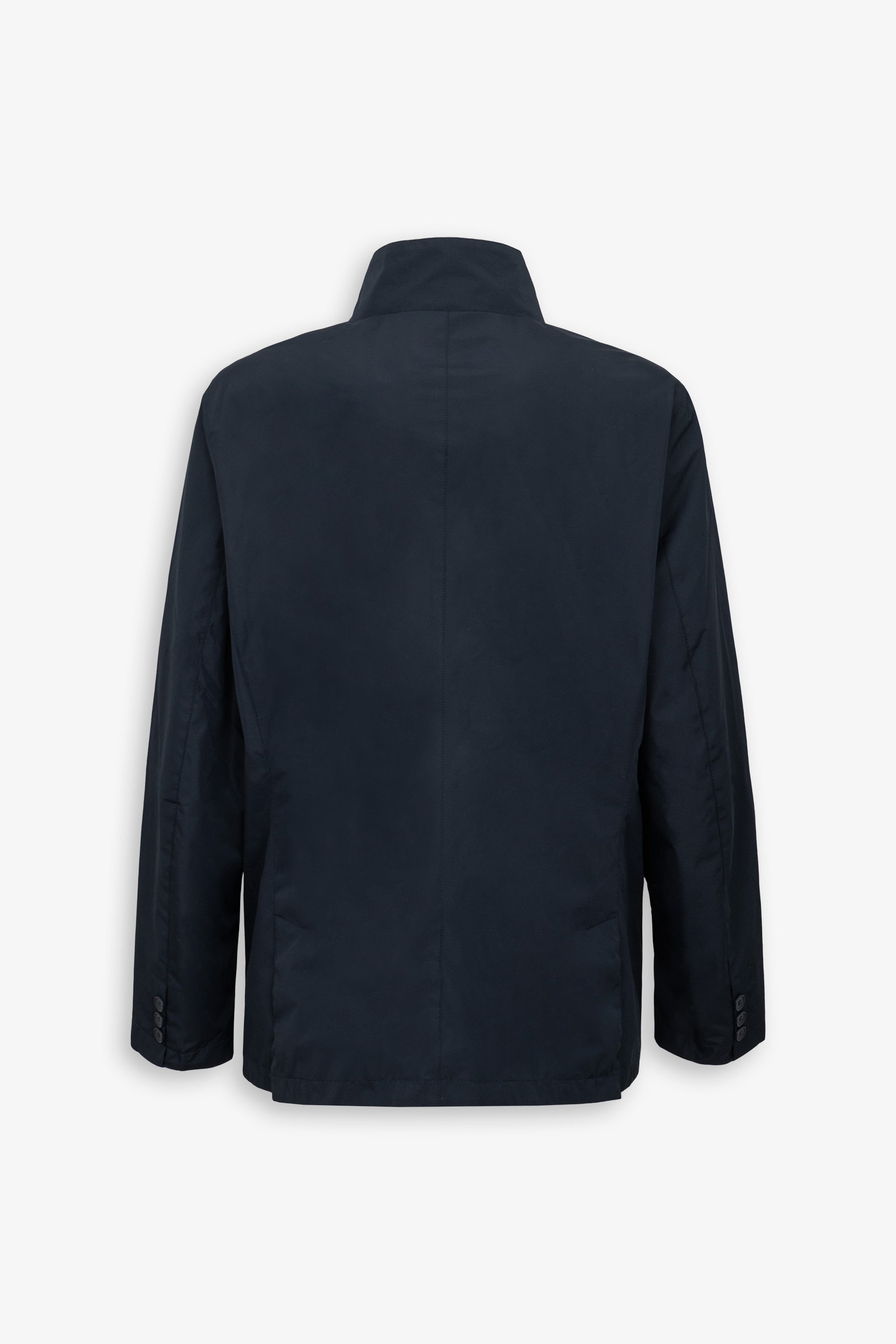 Navy blue outerwear jacket with a stand-up collar, long sleeves, and three dark buttons on each cuff. Back view.