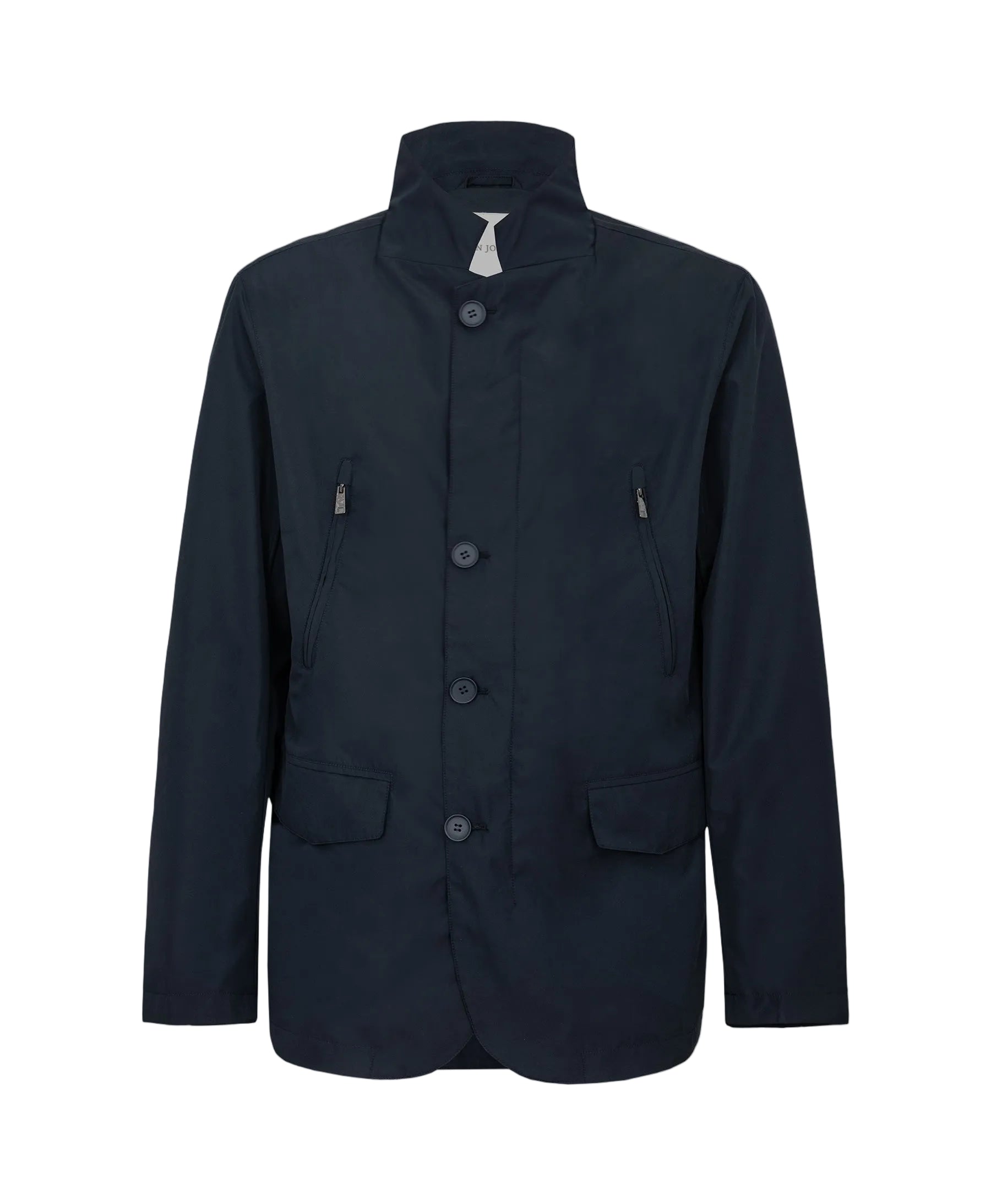 Navy blue button-front jacket with a stand-up collar, two diagonal zippered chest pockets, and two lower flap pockets.