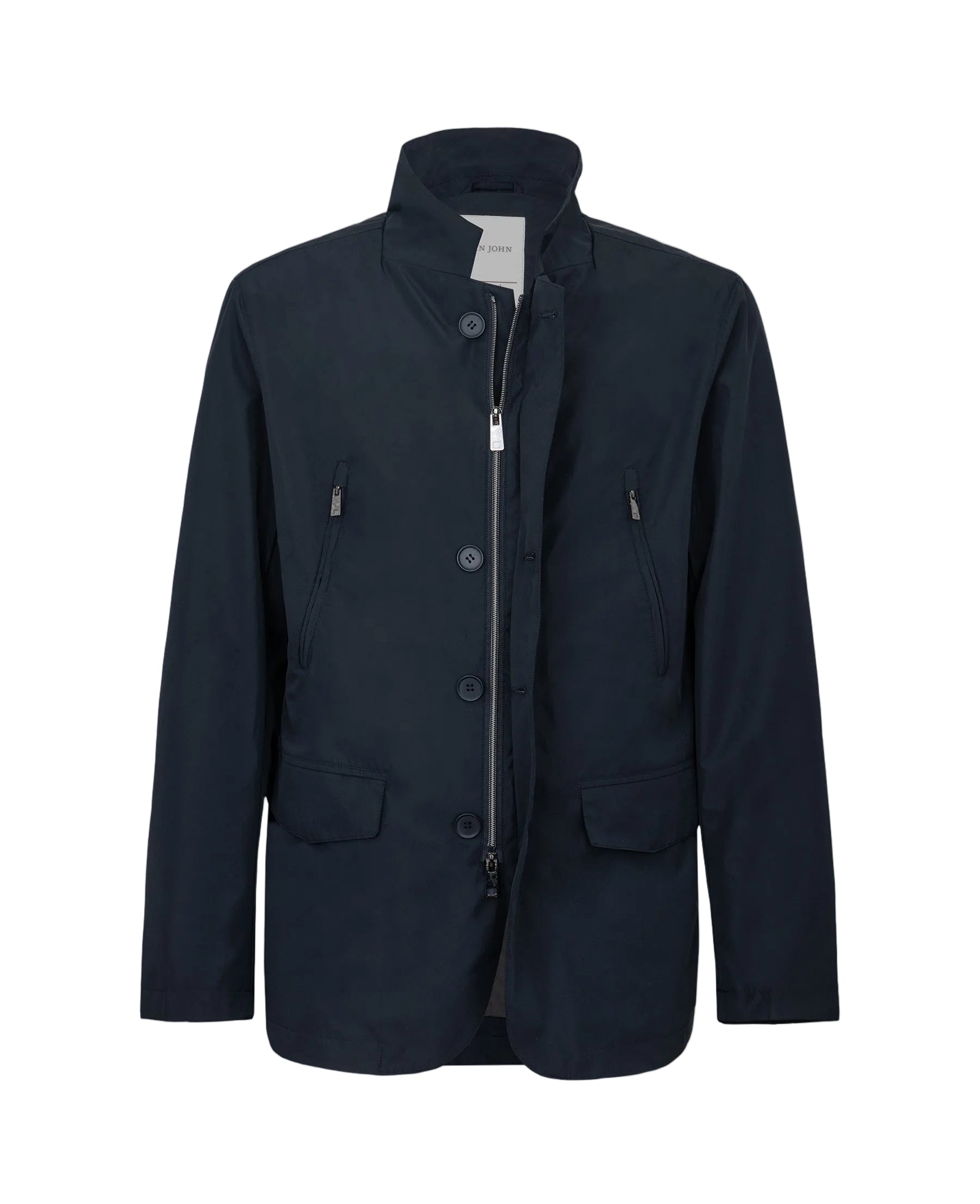 Dark blue jacket with a stand-up collar, full silver-toned zip, button placket, two zippered chest pockets, and two flap pock