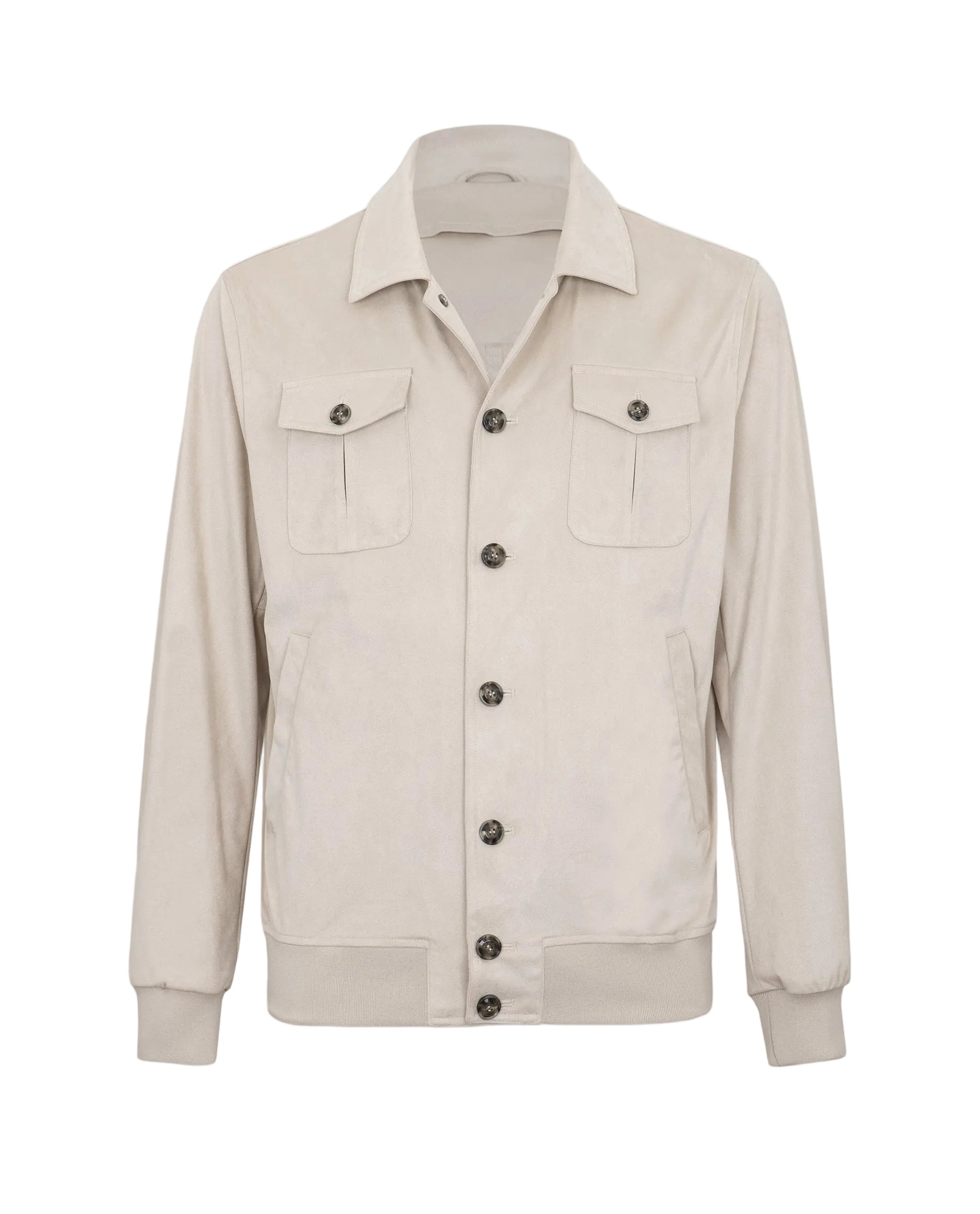 Sabbia-colored suede-like bomber jacket with shirt collar, button front, two chest flap pockets, and ribbed cuffs/hem.