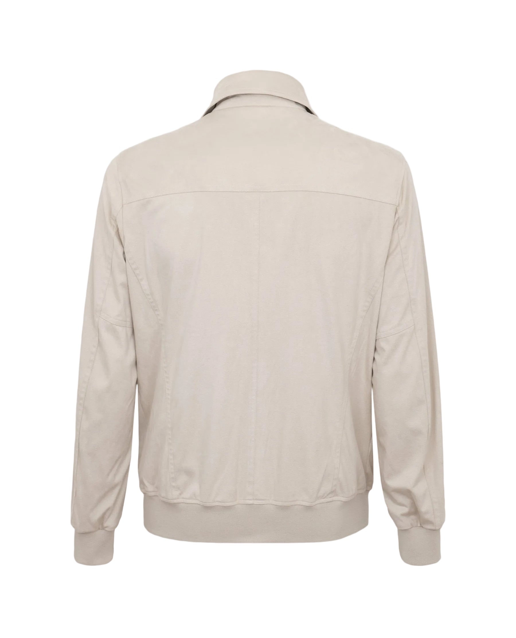 Light beige jacket with a classic collar, ribbed cuffs and hem, and a back yoke seam.