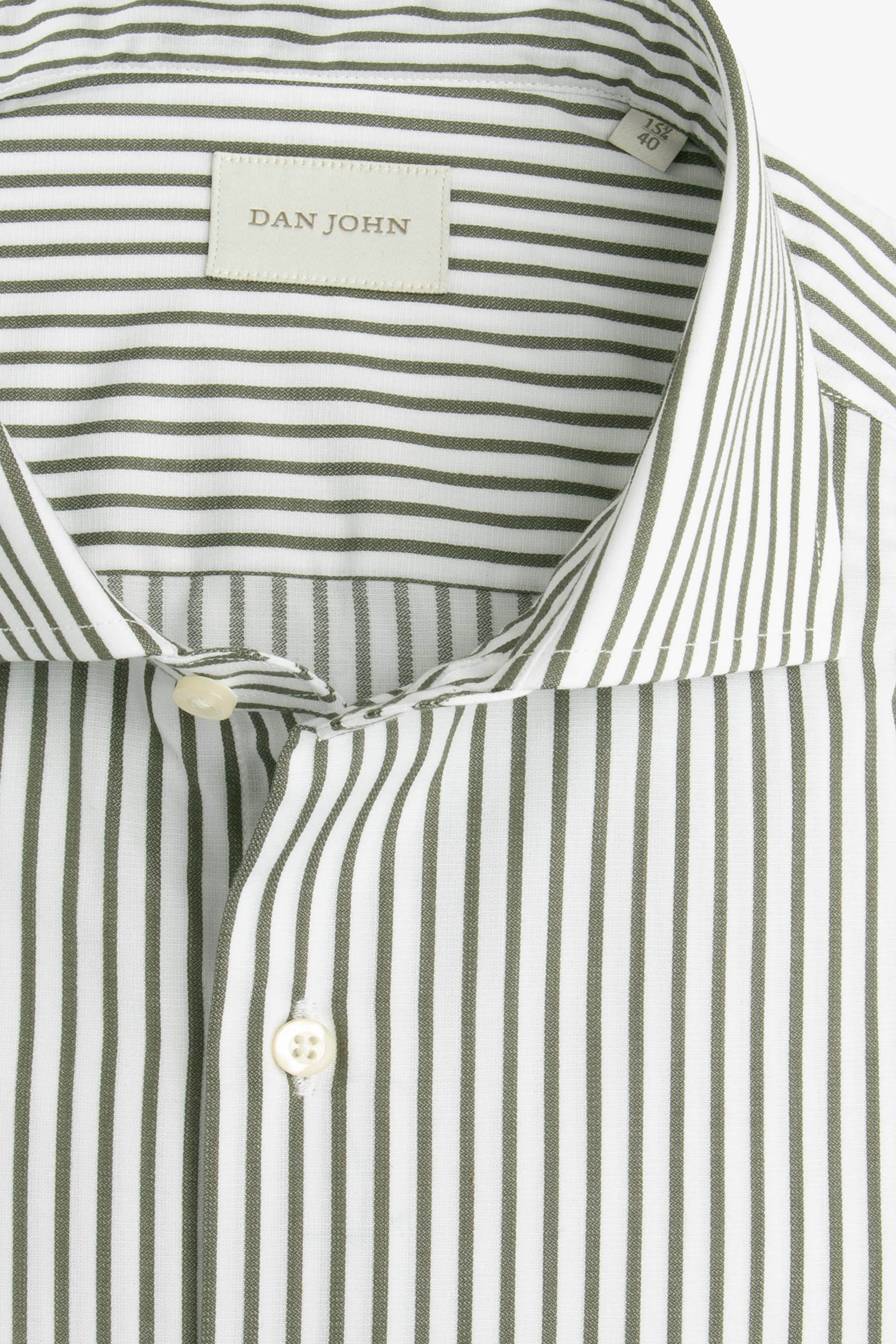 White shirt with thin green vertical stripes, classic collar, and off-white buttons.