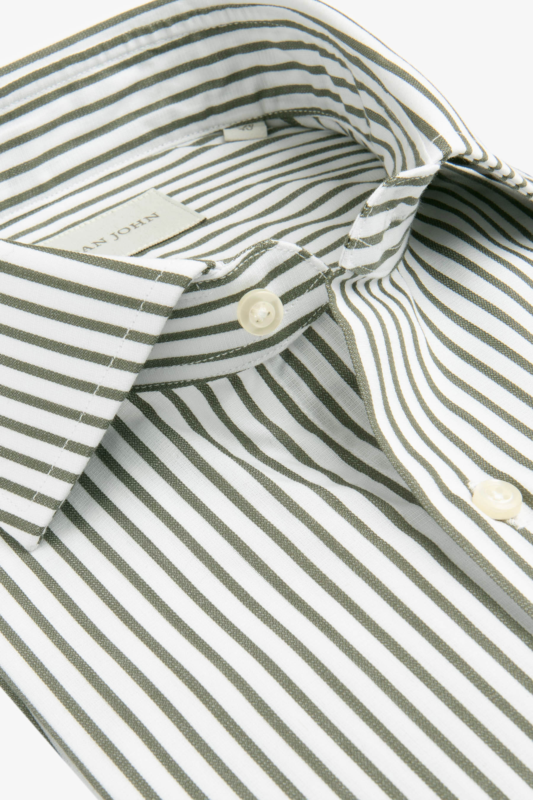 White shirt with thin olive green vertical stripes, a classic collar, and two white buttons visible on the placket and collar