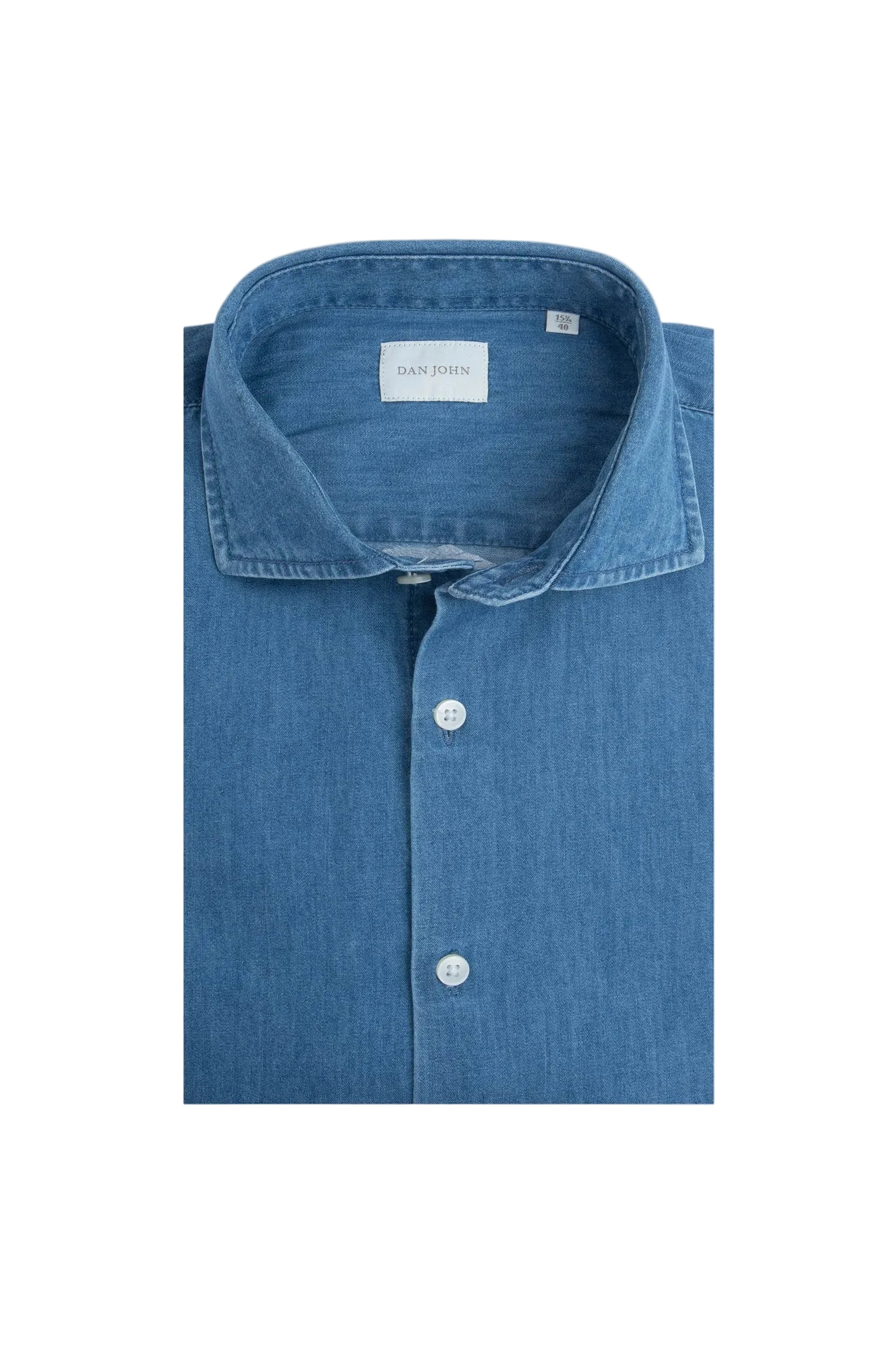 Blue denim-style shirt with a spread collar, white buttons, and a 'DAN JOHN' label on the collar.