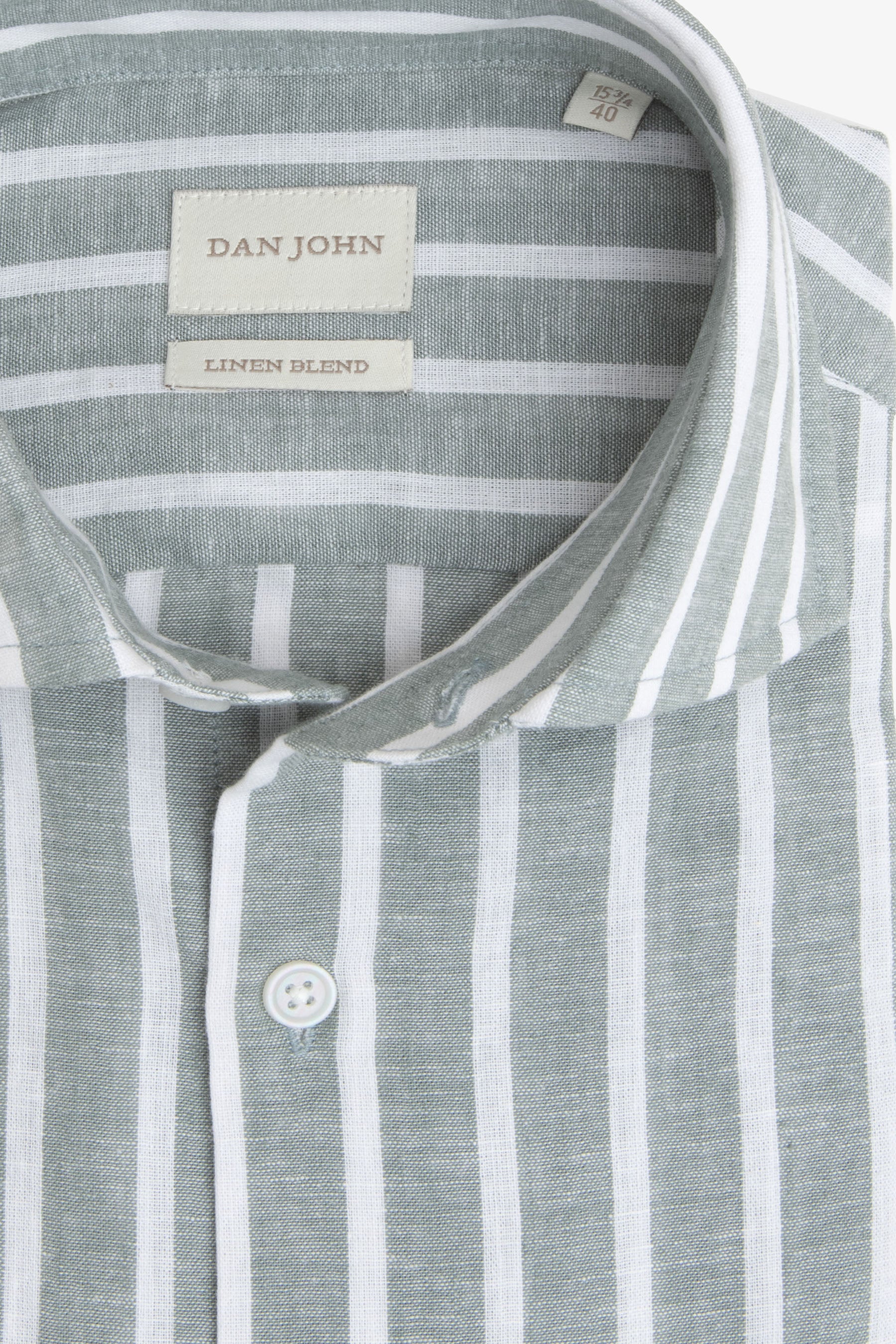 Light green and white striped linen blend shirt with a spread collar and white buttons.