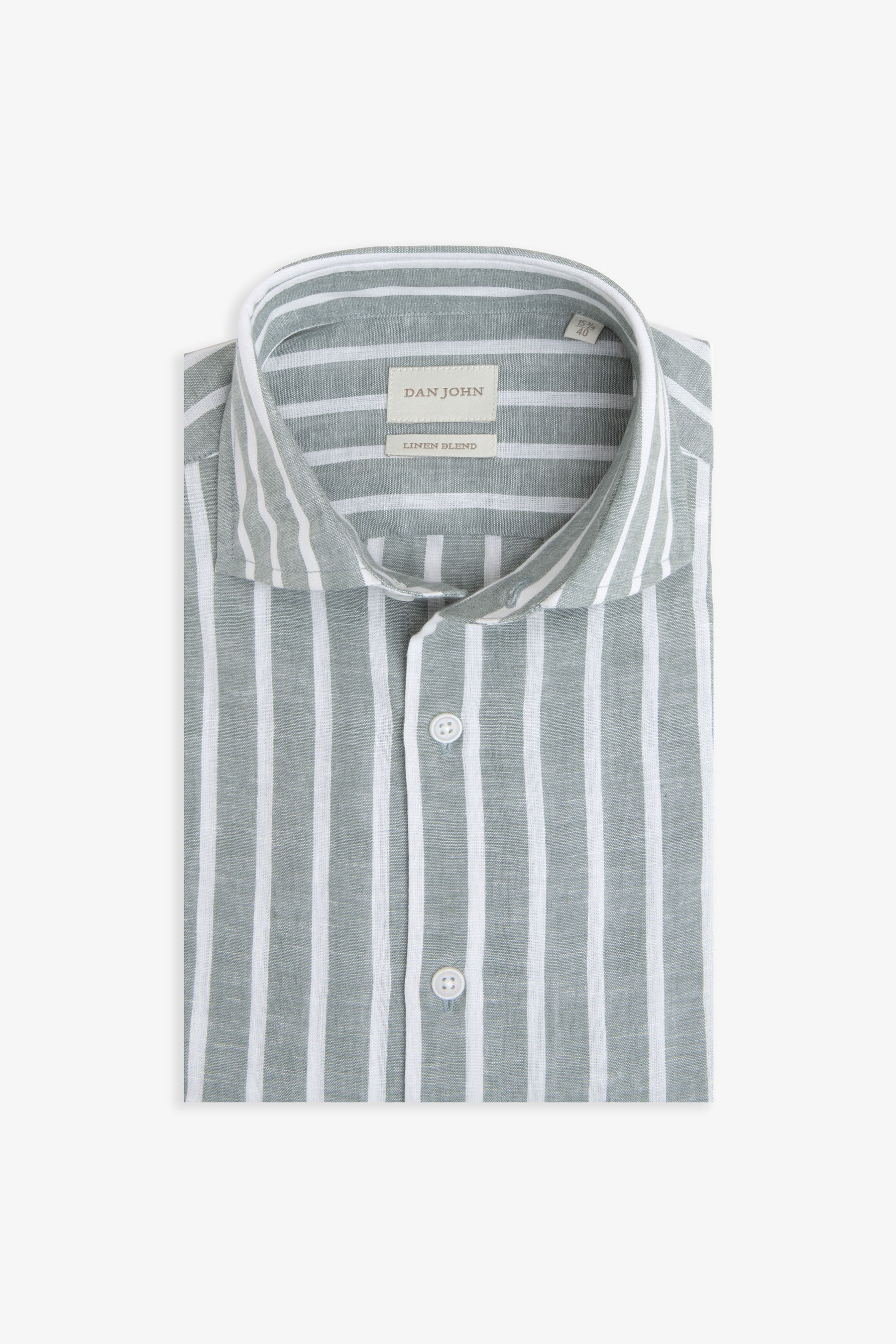 Folded light green and white striped linen blend shirt with a spread collar and white buttons.