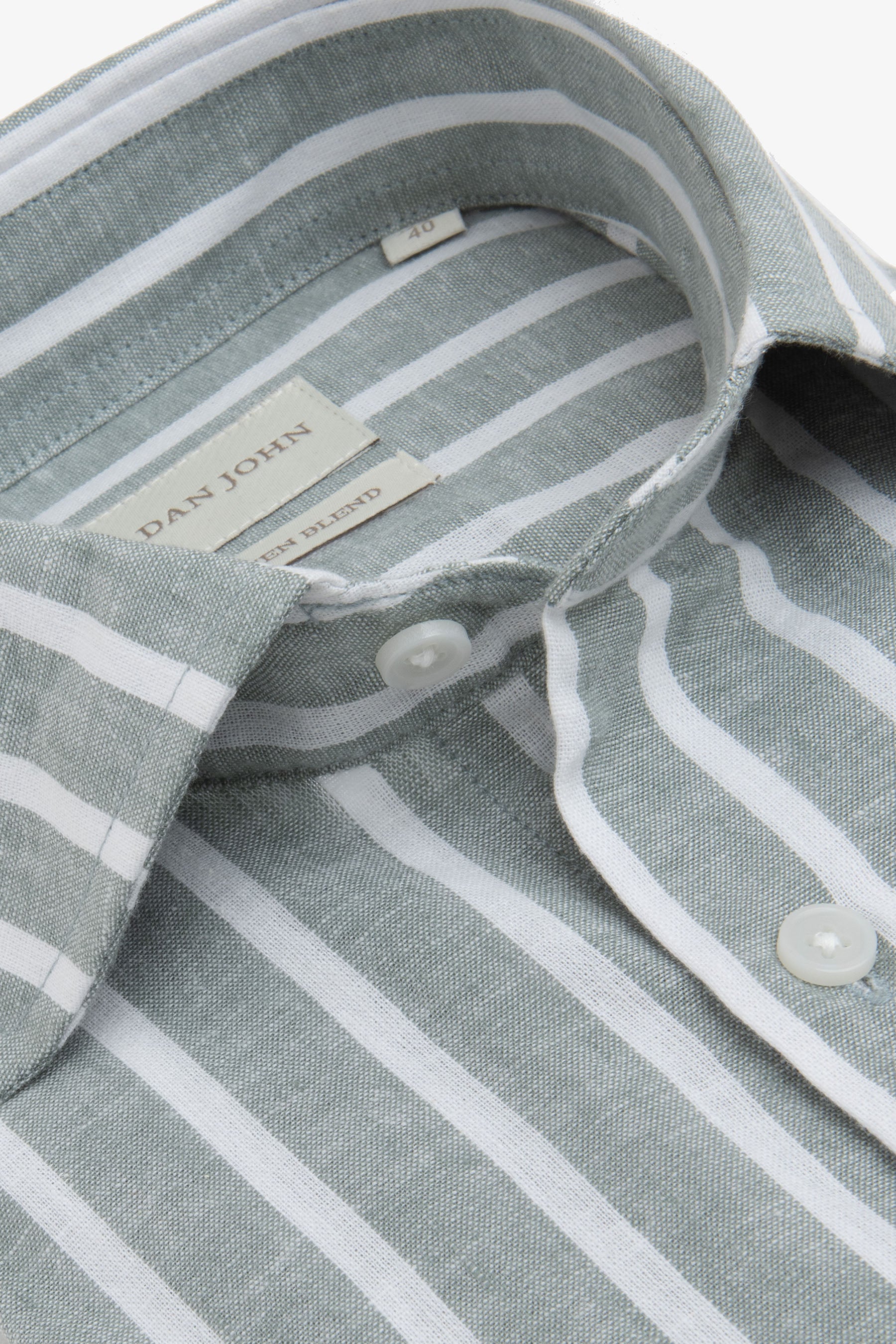 Light green and white striped linen blend shirt with a classic collar and white buttons.