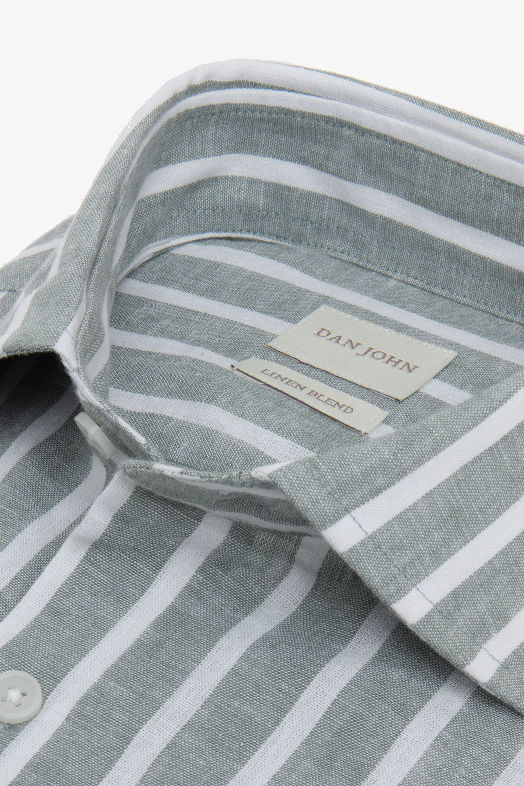 Light green and white striped linen blend shirt with a classic collar and white buttons.