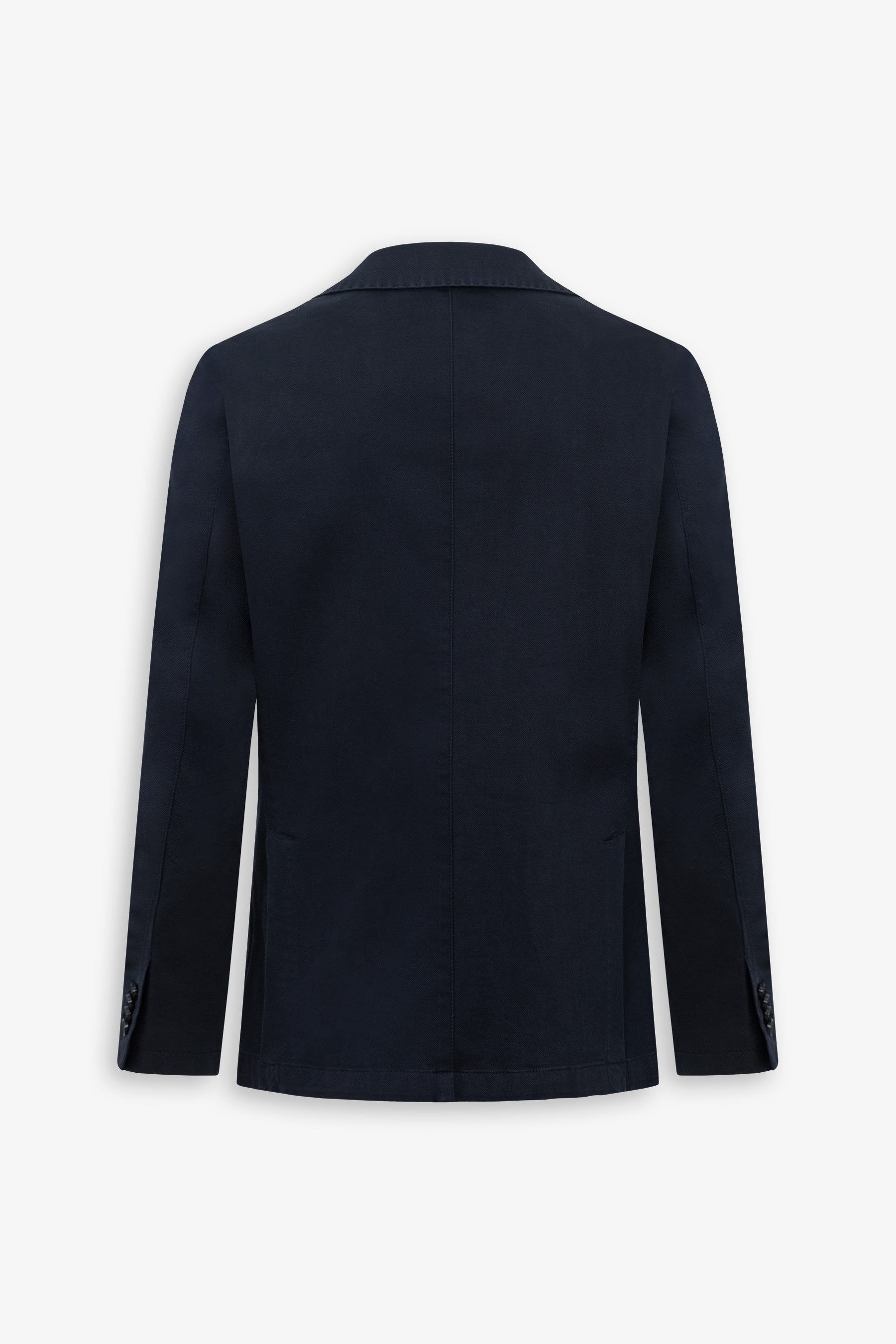 Dark blue blazer, back view, with notched lapels and three dark buttons on each cuff.
