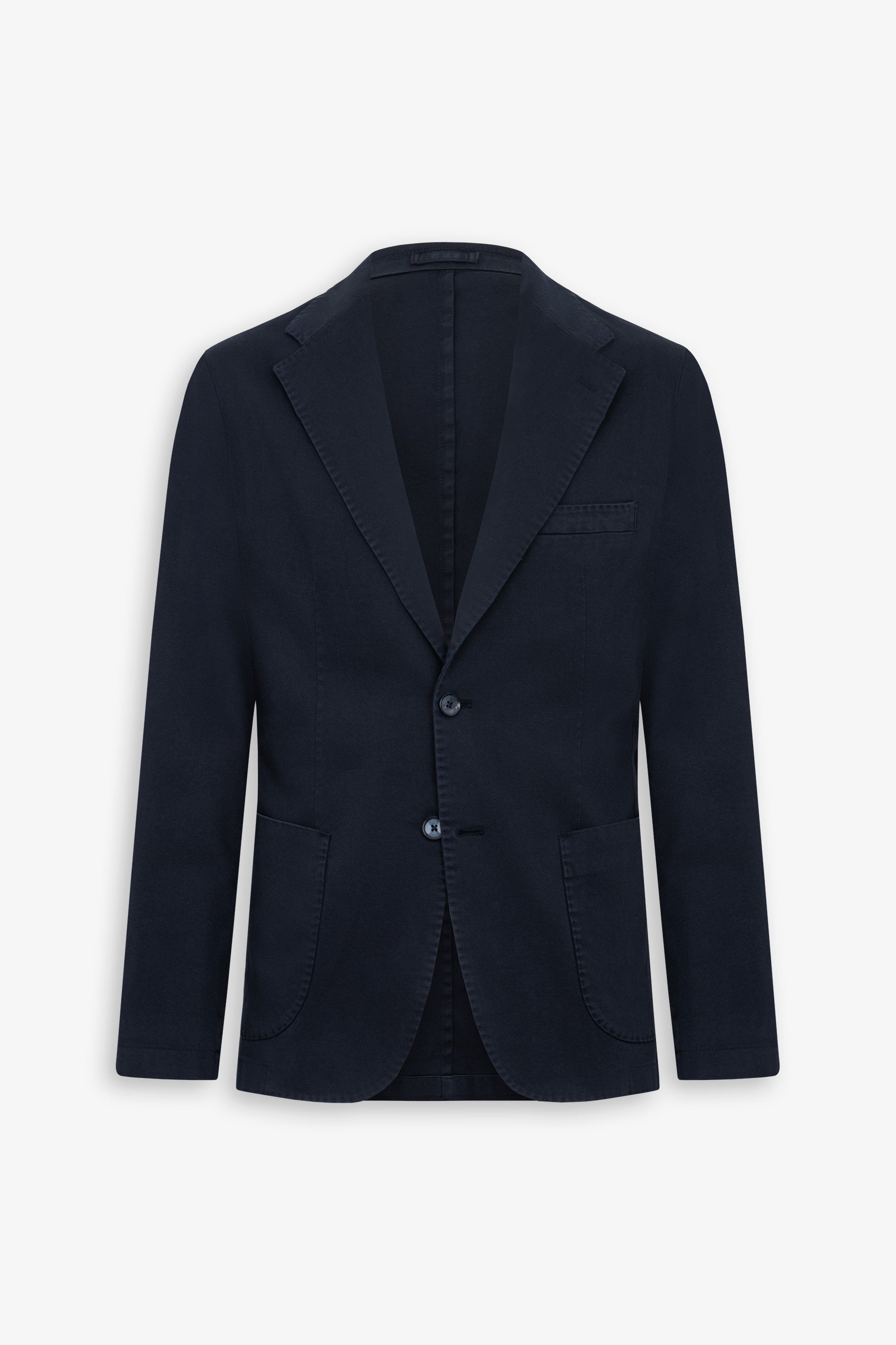 Dark blue blazer with notched lapels, two dark buttons, a chest welt pocket, and two patch pockets. Visible stitching.