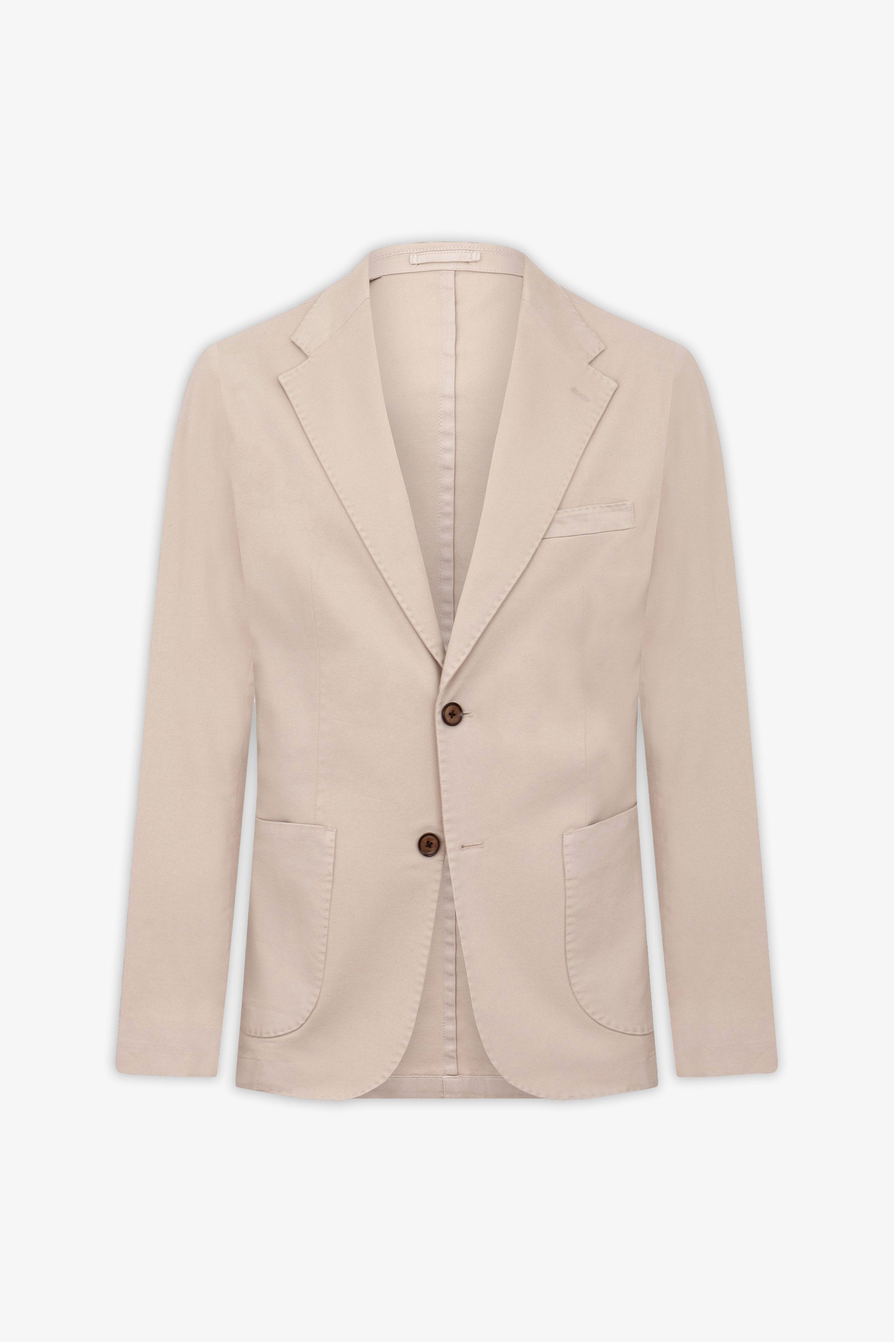 Sabbia beige single-breasted blazer with notched lapels, two brown buttons, and three patch pockets.