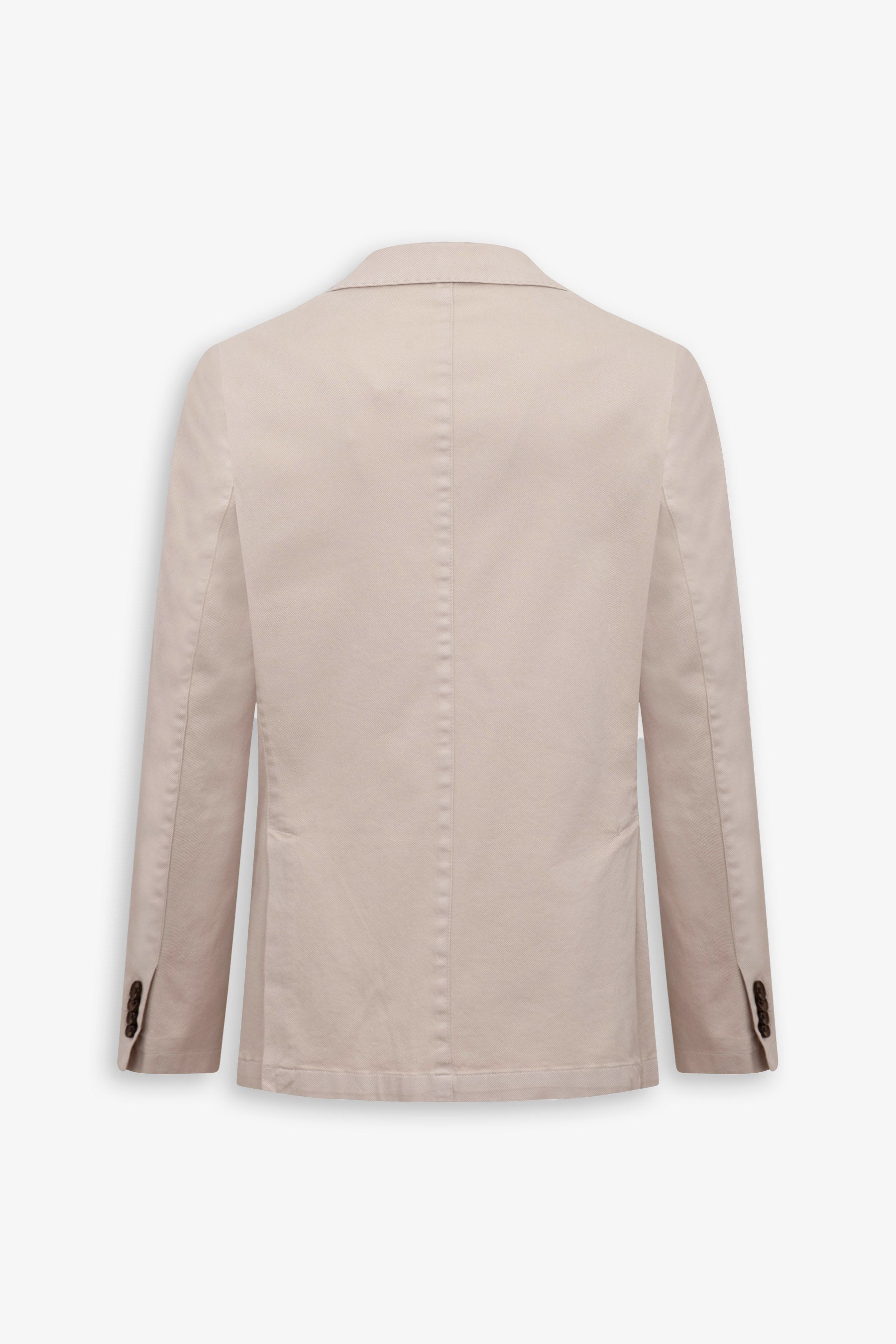Light beige blazer, back view, with notched lapel collar, vertical back seams, and two dark brown buttons on each cuff.