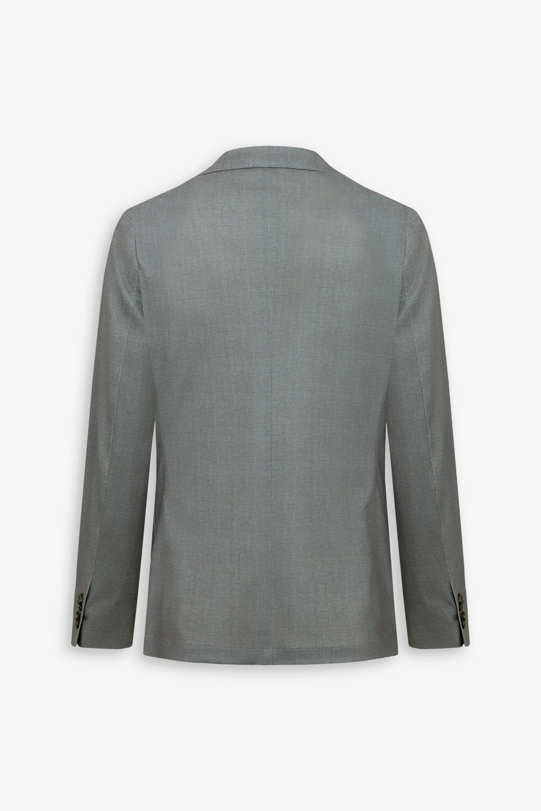 Muted green blazer, back view. Features a subtle woven texture, standard collar, and three dark buttons on each sleeve cuff.