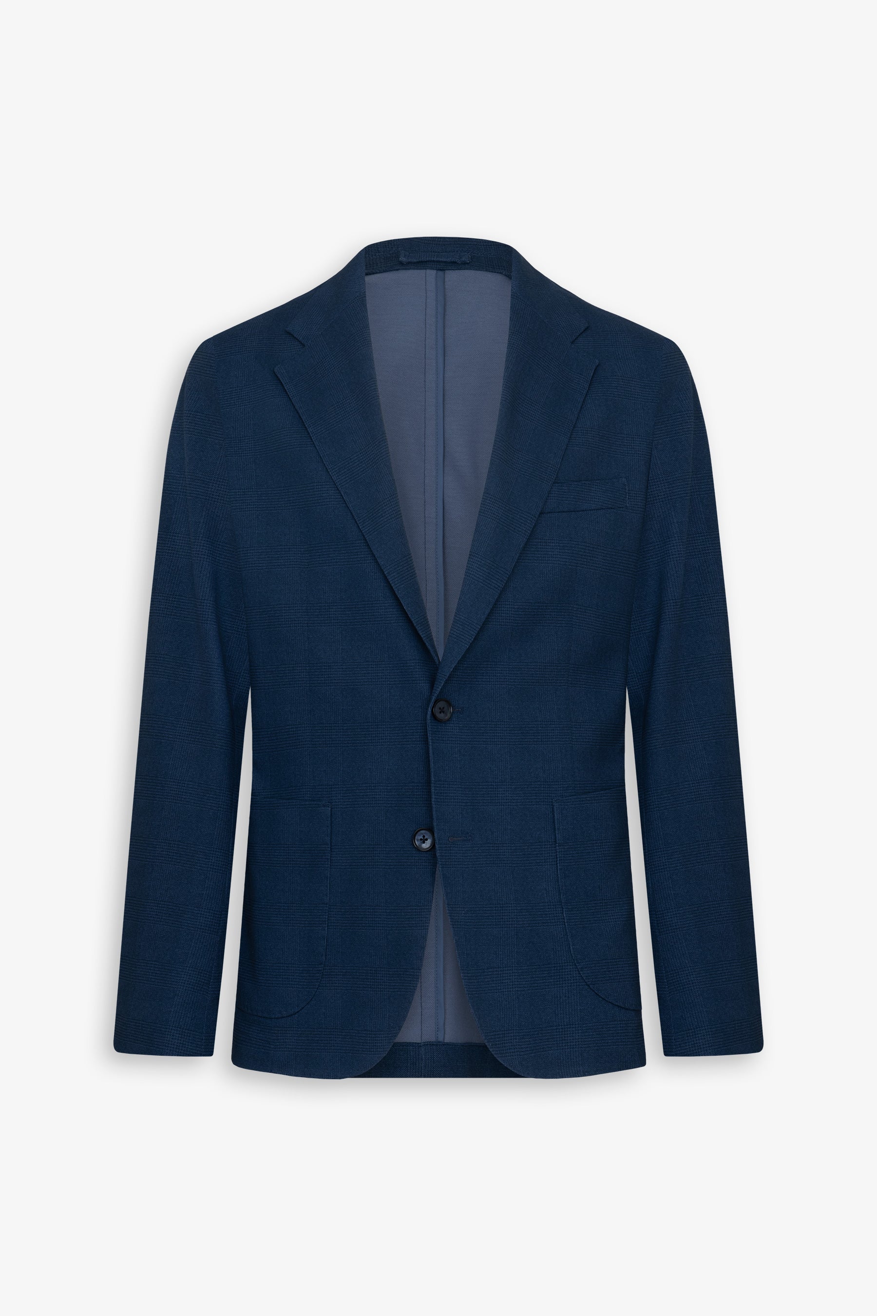 Dark blue textured single-breasted blazer with notched lapels, two dark buttons, and three patch pockets.