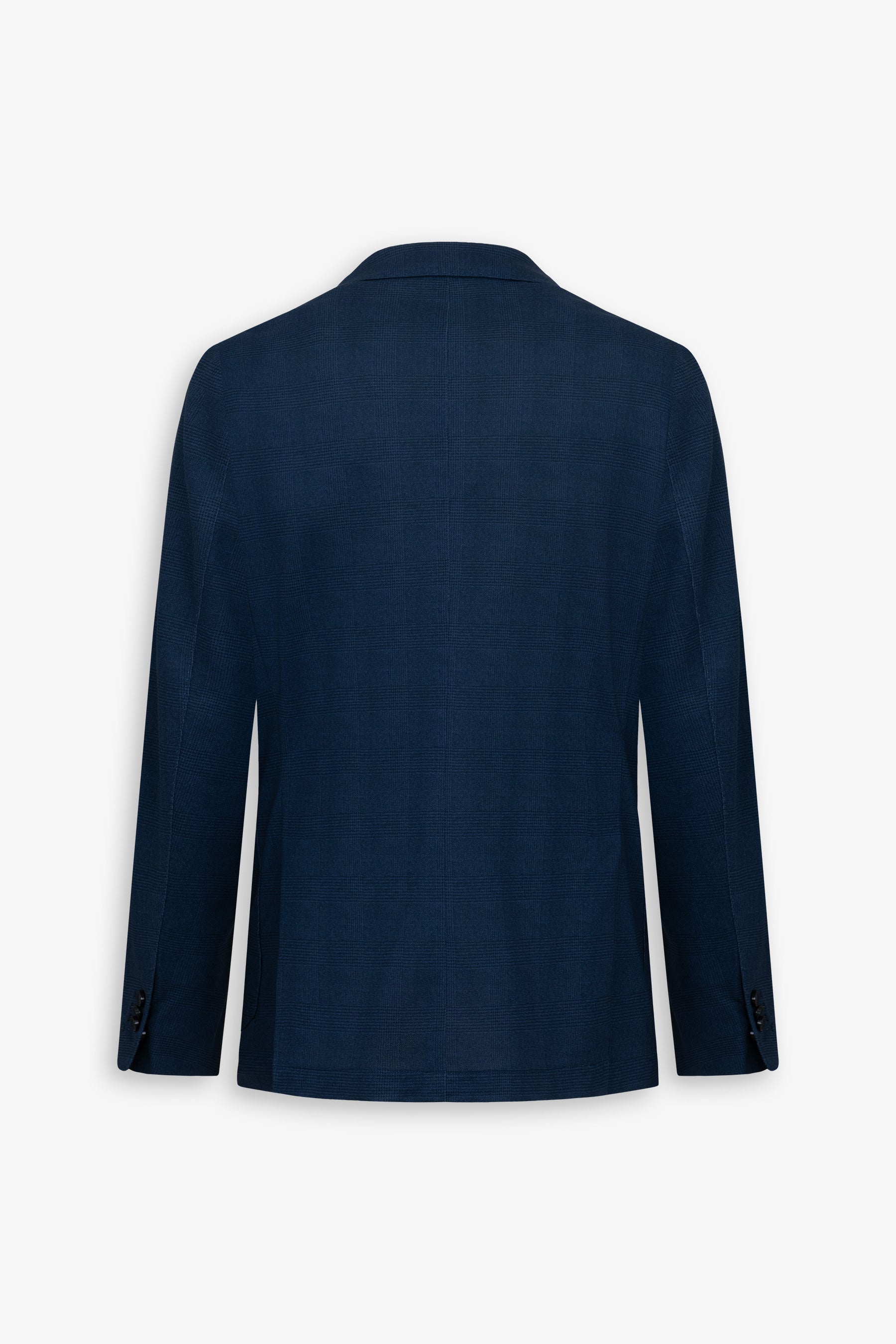 Dark blue blazer with a subtle check pattern, long sleeves, and two dark buttons on each cuff.