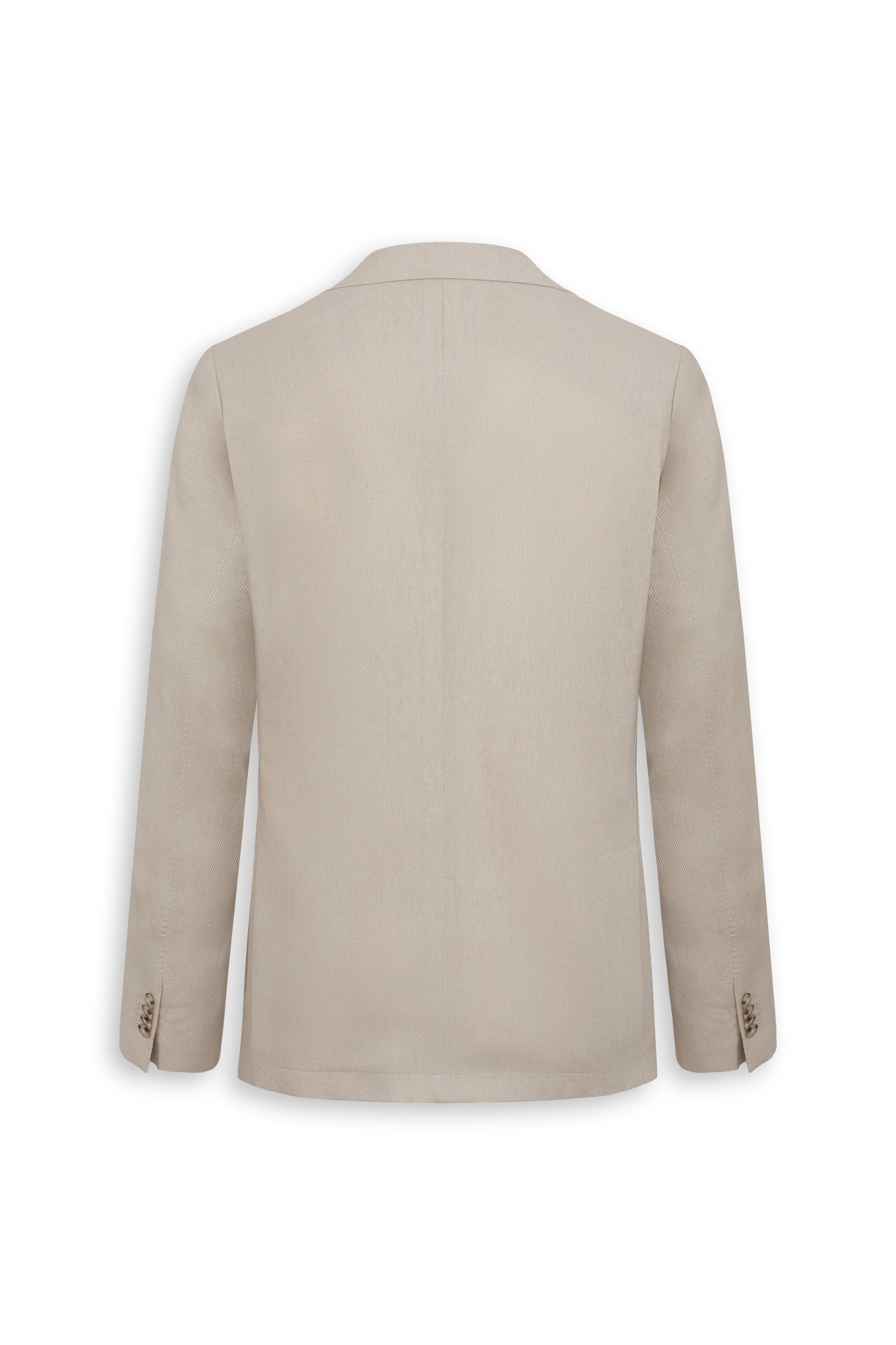 Light beige modular jacket with a subtle woven texture, long sleeves, and three light brown buttons on each cuff.