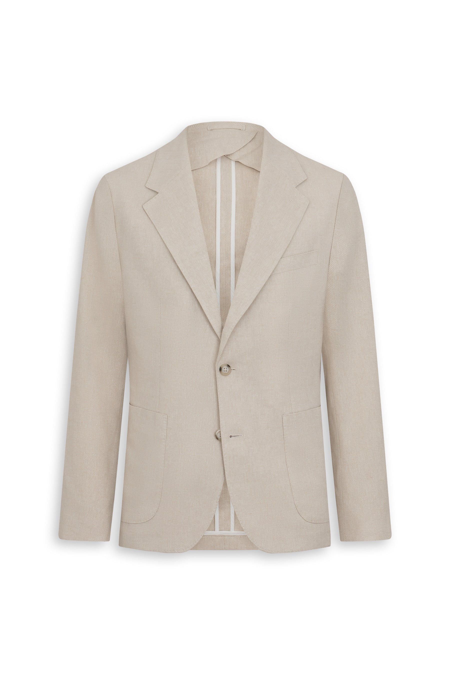 Sand-colored single-breasted jacket with notched lapels, two light buttons, and two large patch pockets. Textured fabric.