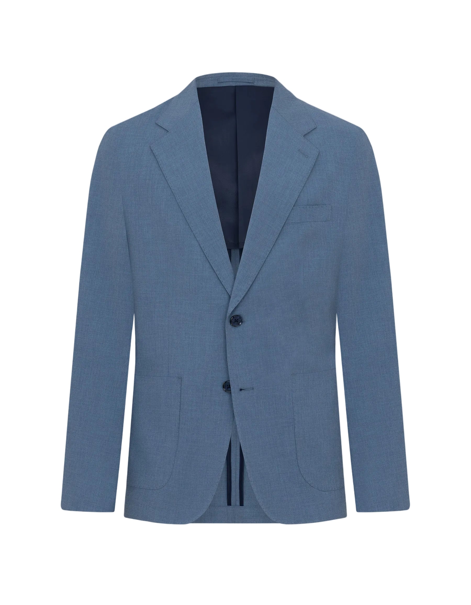 Textured blue blazer with notched lapels, two dark buttons, a left chest pocket, and two front patch pockets. Dark blue linin