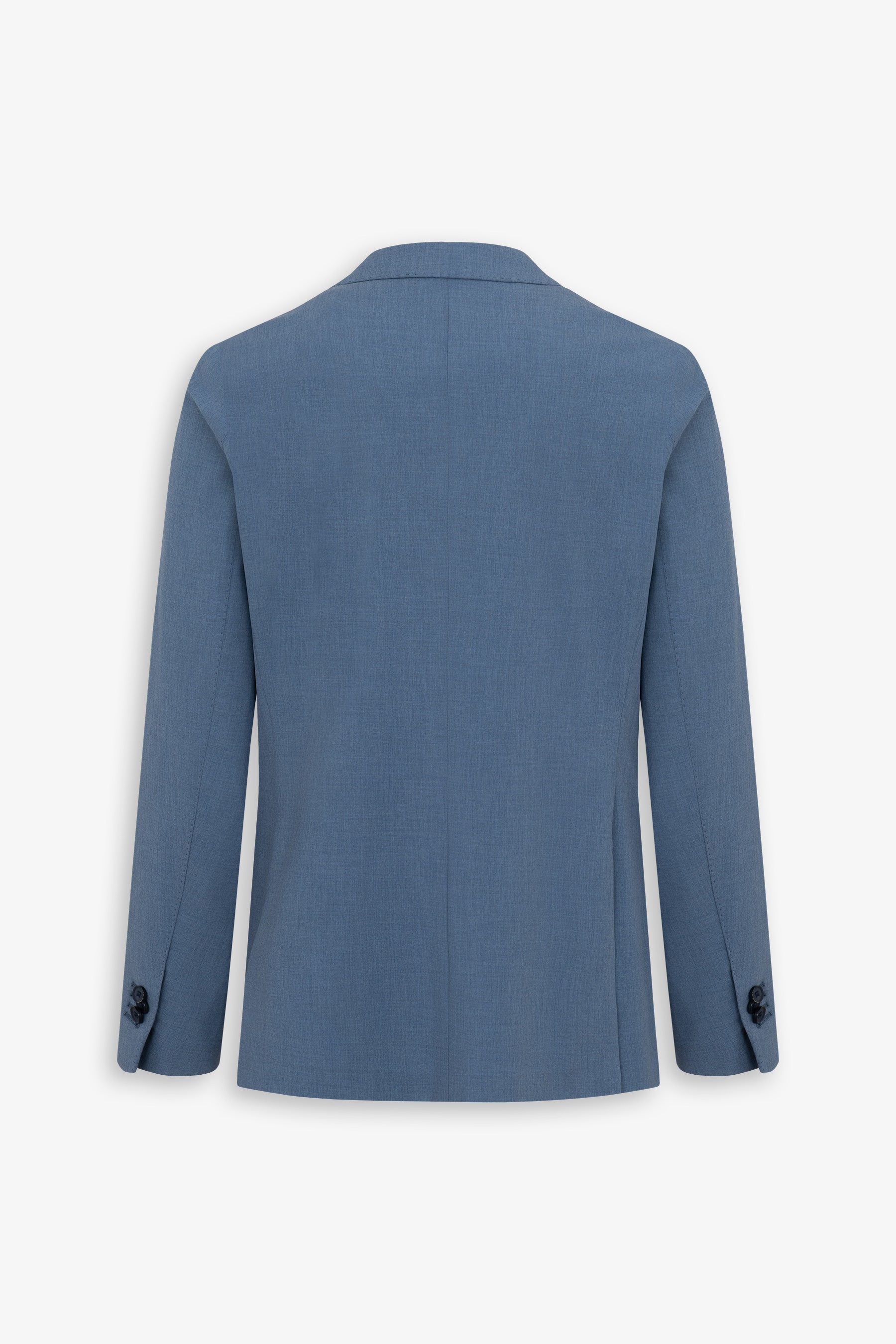 Back view of a tailored blue jacket made of textured fabric, featuring two dark buttons on each sleeve cuff.