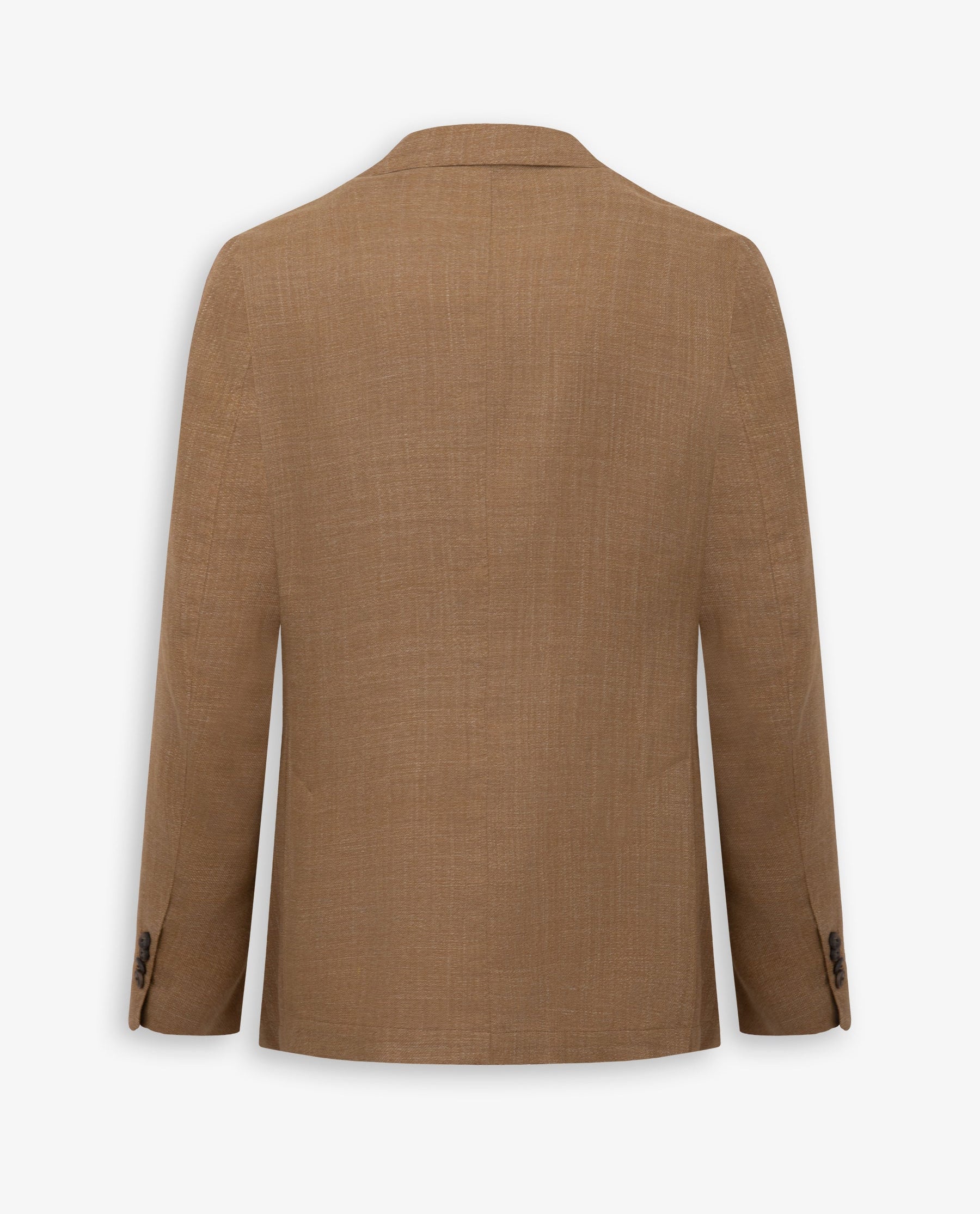 Tobacco brown jacket, back view. Textured fabric with visible weave. Three dark buttons on each sleeve cuff.
