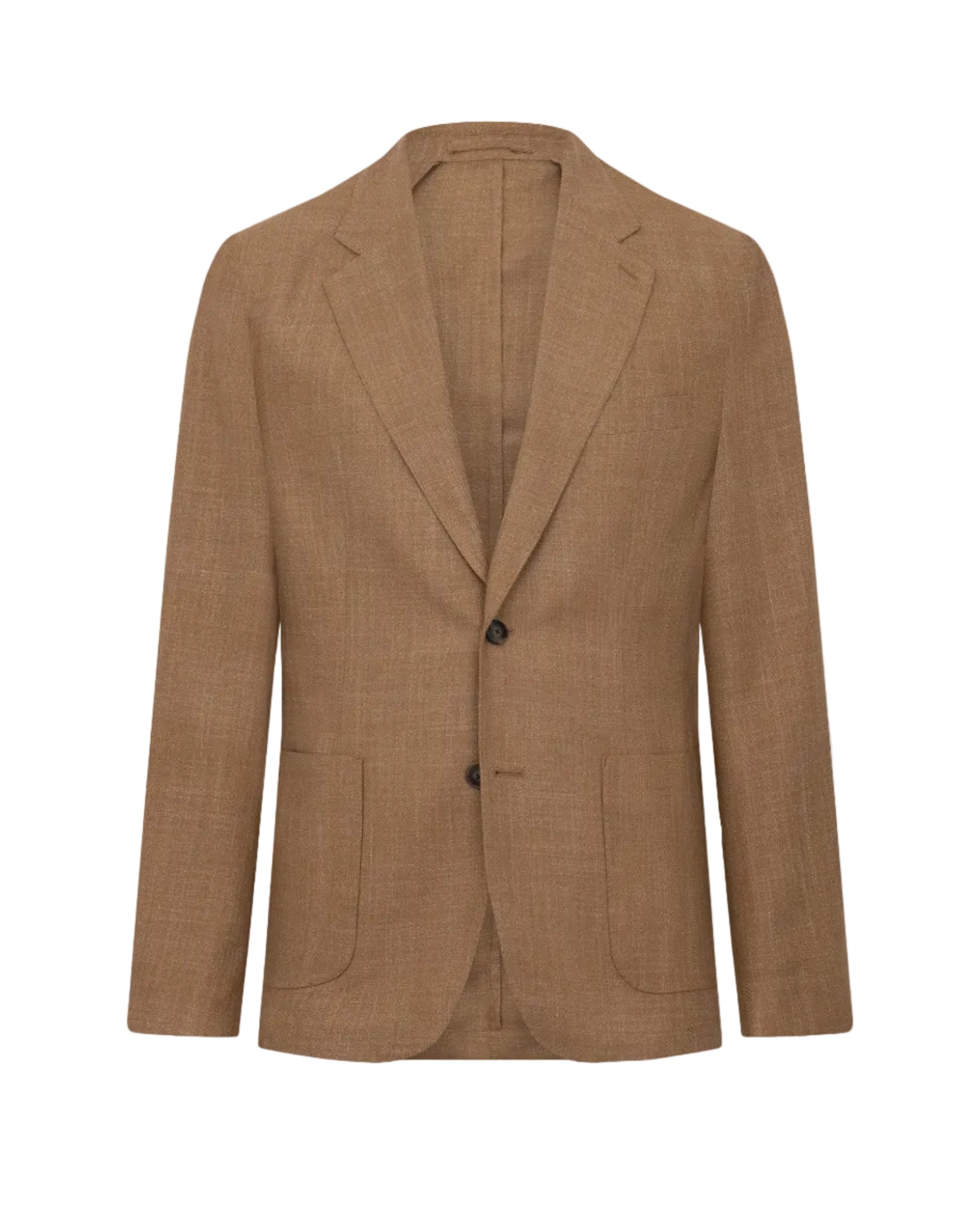 Textured tobacco brown single-breasted jacket with notched lapels, two dark buttons, and two rounded patch pockets.