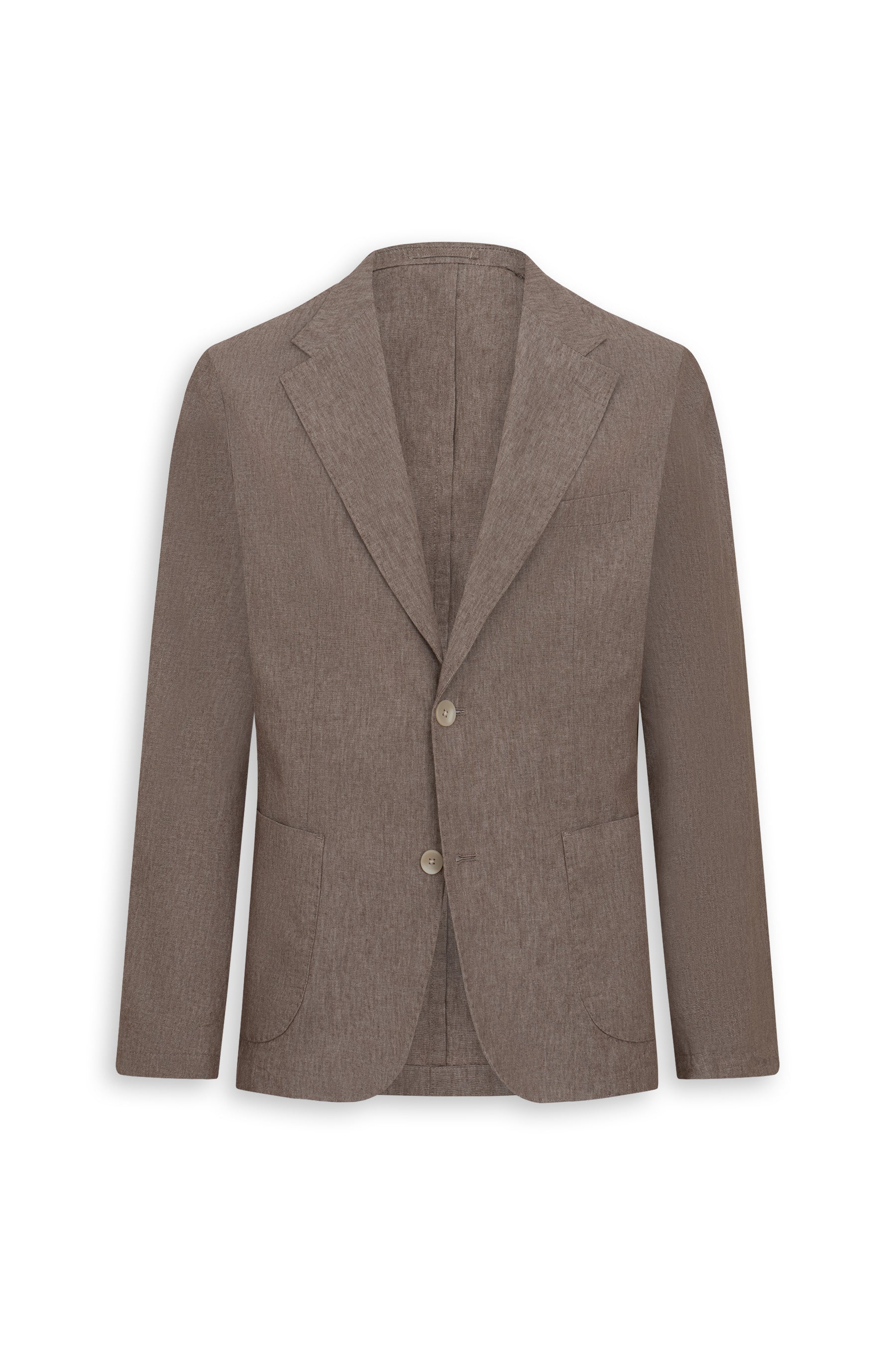 Tortora modular jacket with notched lapels, two light brown buttons, and two rounded patch pockets. Textured fabric.