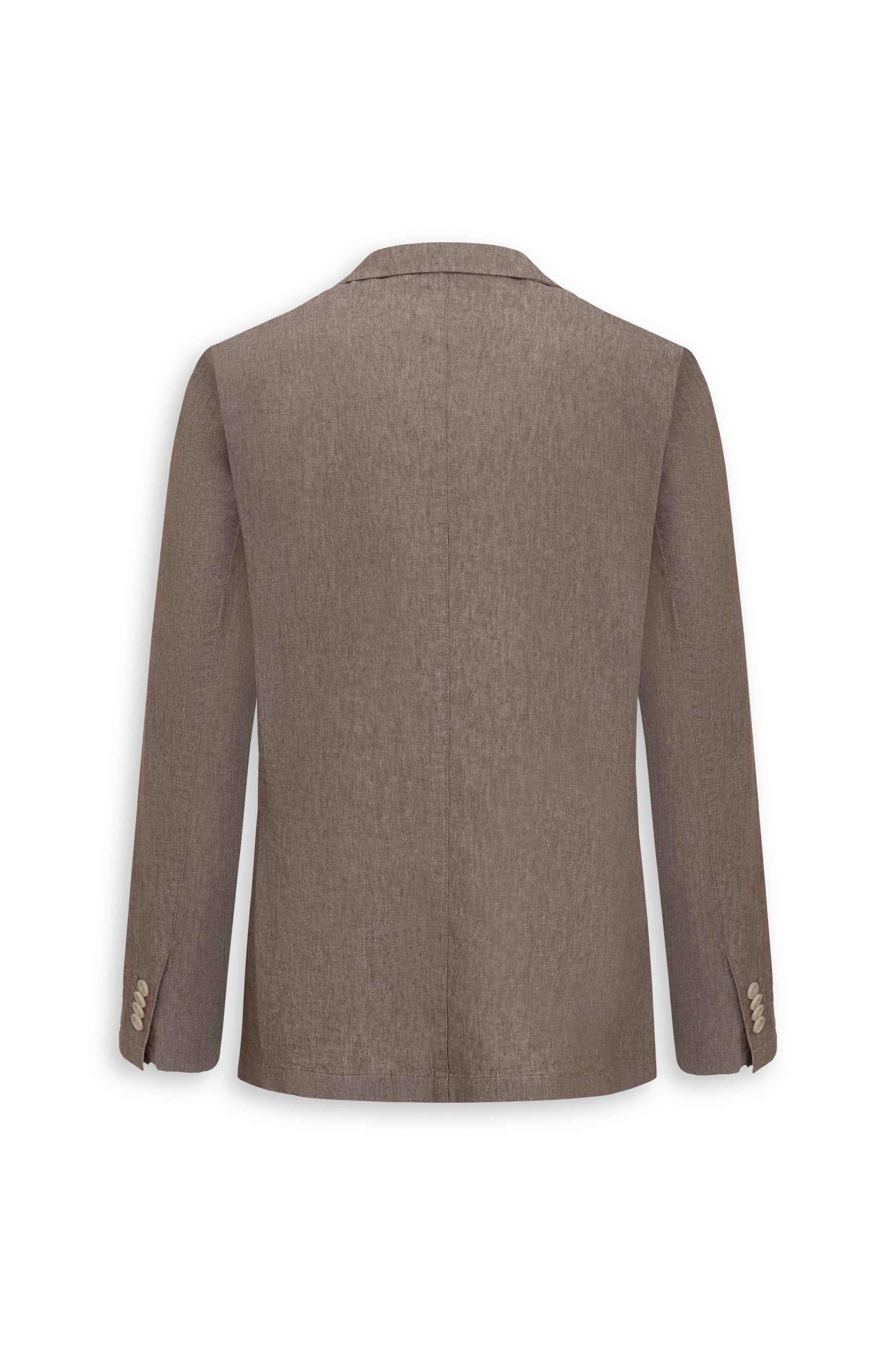 Brownish-grey modular jacket, back view. Textured fabric, notched lapel, and four light buttons on each sleeve cuff.