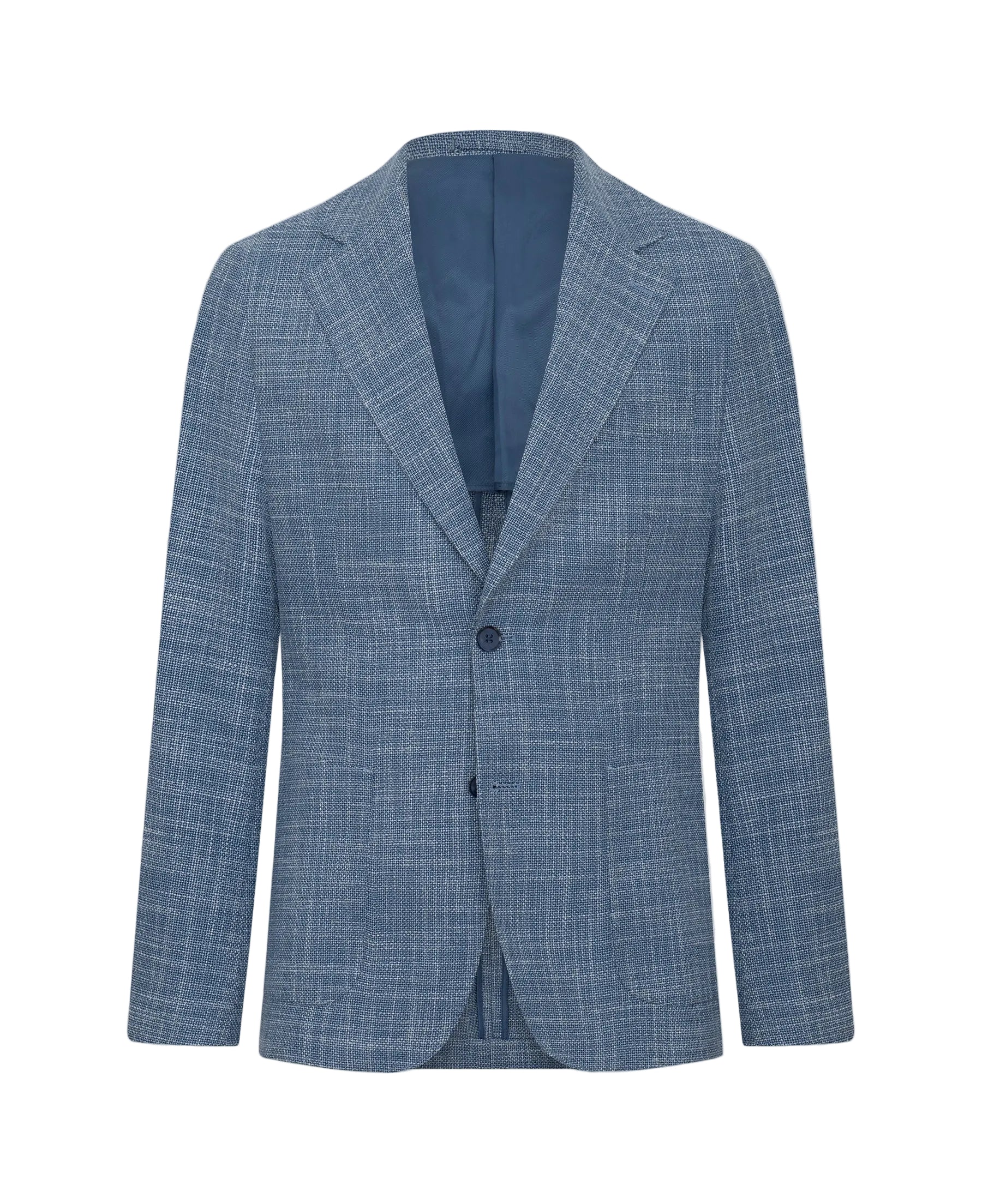 Blue single-breasted blazer with a subtle textured weave, notched lapels, two-button closure, and two front patch pockets.