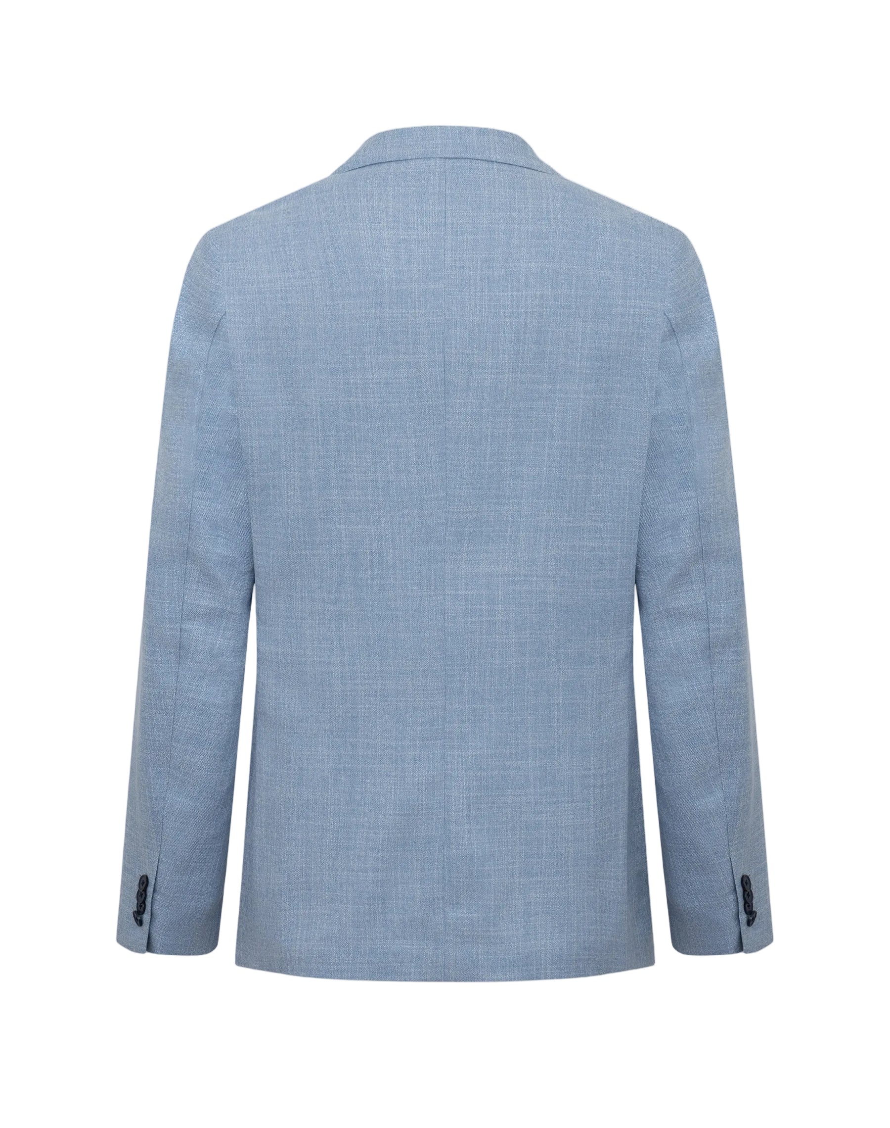 Back view of a light blue textured blazer with a standard collar and three dark buttons on each sleeve cuff.