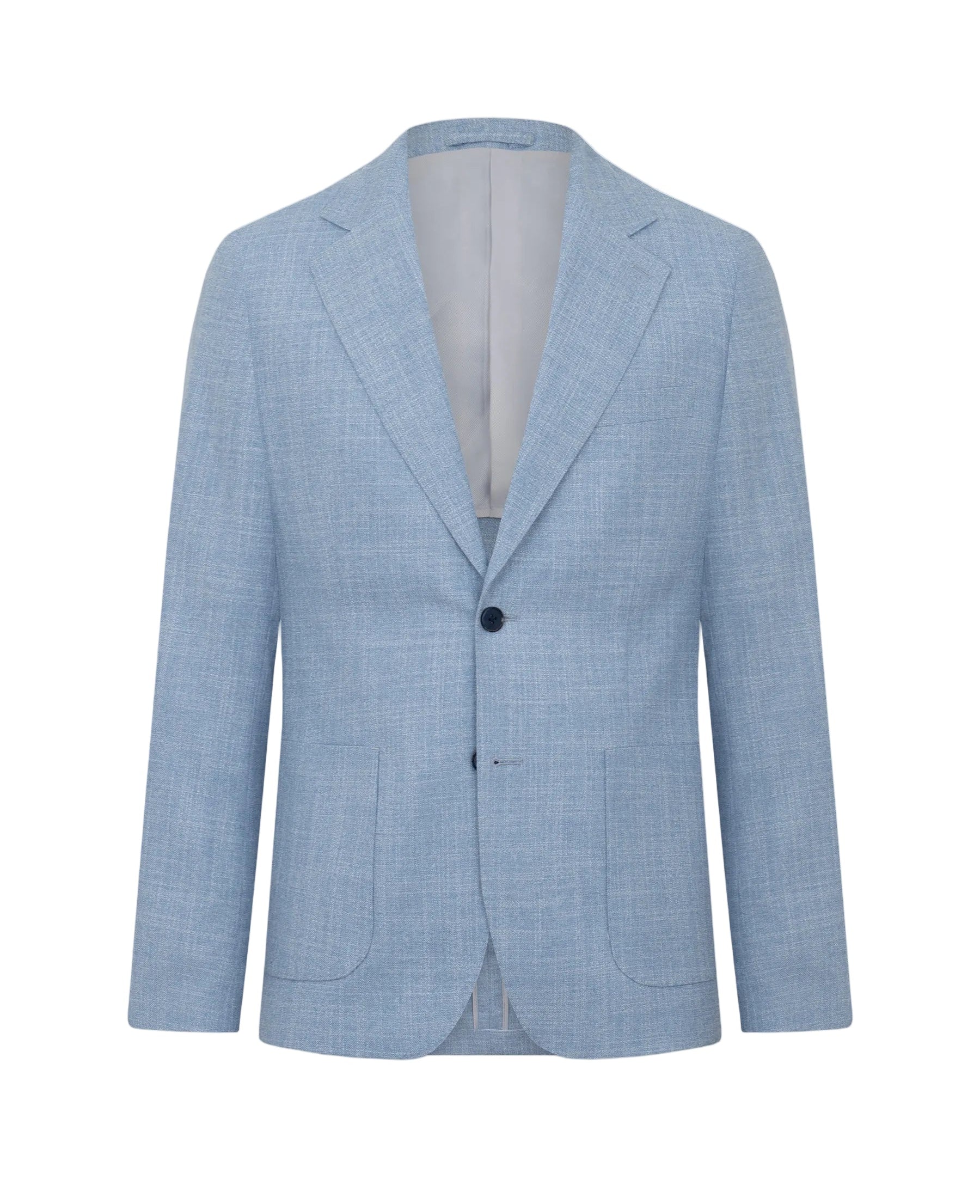 Light blue textured single-breasted jacket with notched lapels, one dark button closure, and two rounded front patch pockets.
