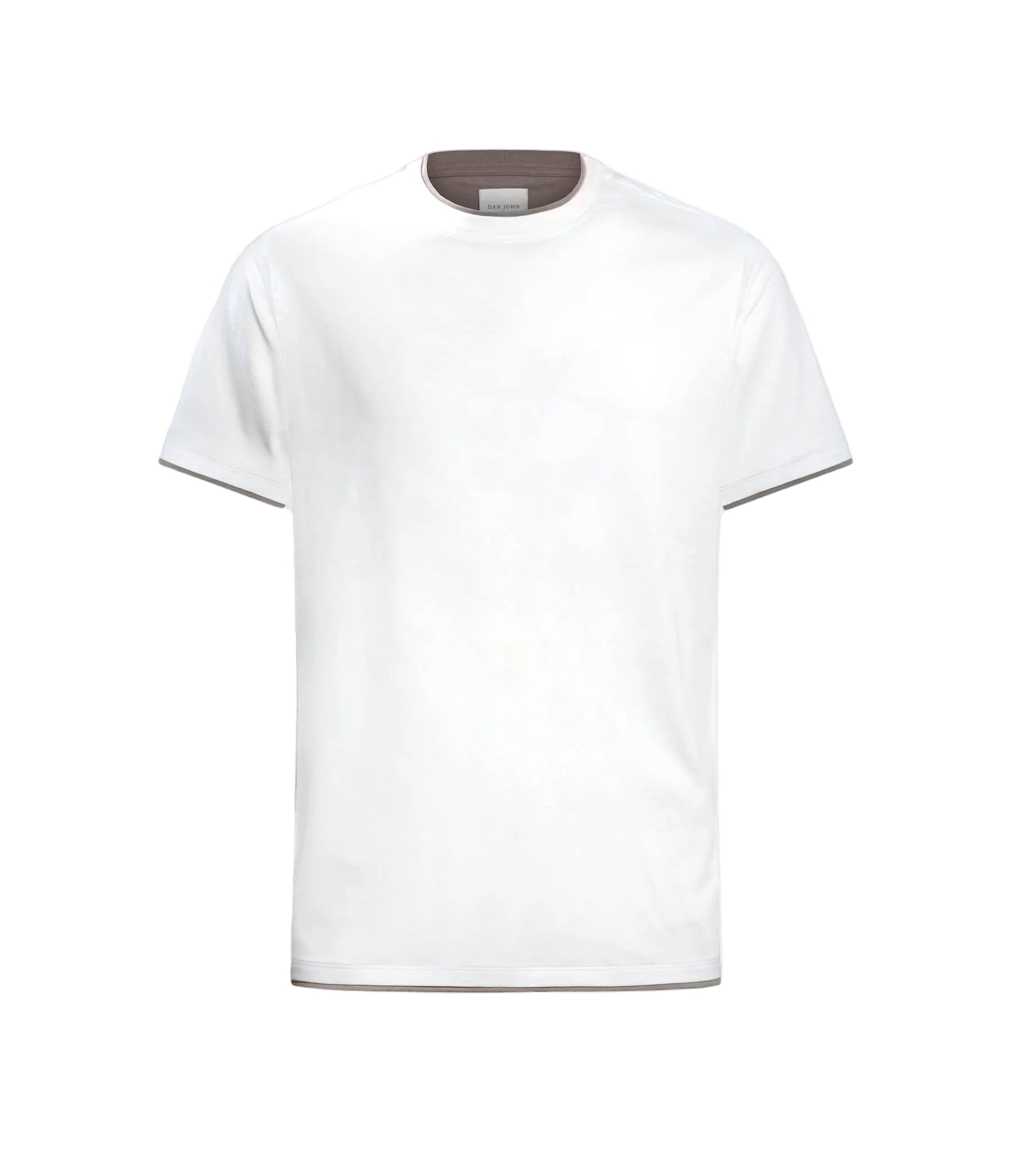 Cream-colored short-sleeve crew neck t-shirt with a brown trim visible at the collar, sleeve cuffs, and bottom hem.