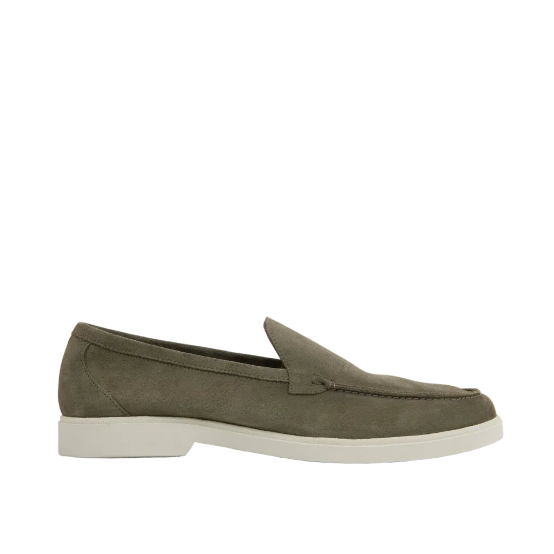 Olive green denim slip-on loafers with moccasin stitching and a contrasting off-white flat sole.