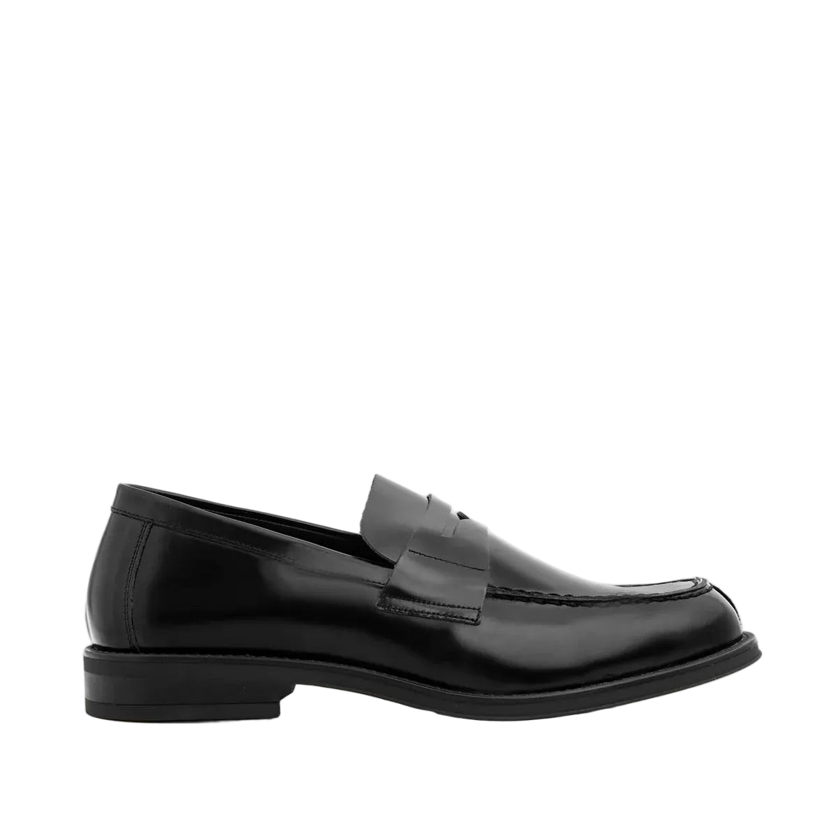 Black polished leather men's penny loafer shoe with a moc-toe stitch and low block heel, viewed from the side.