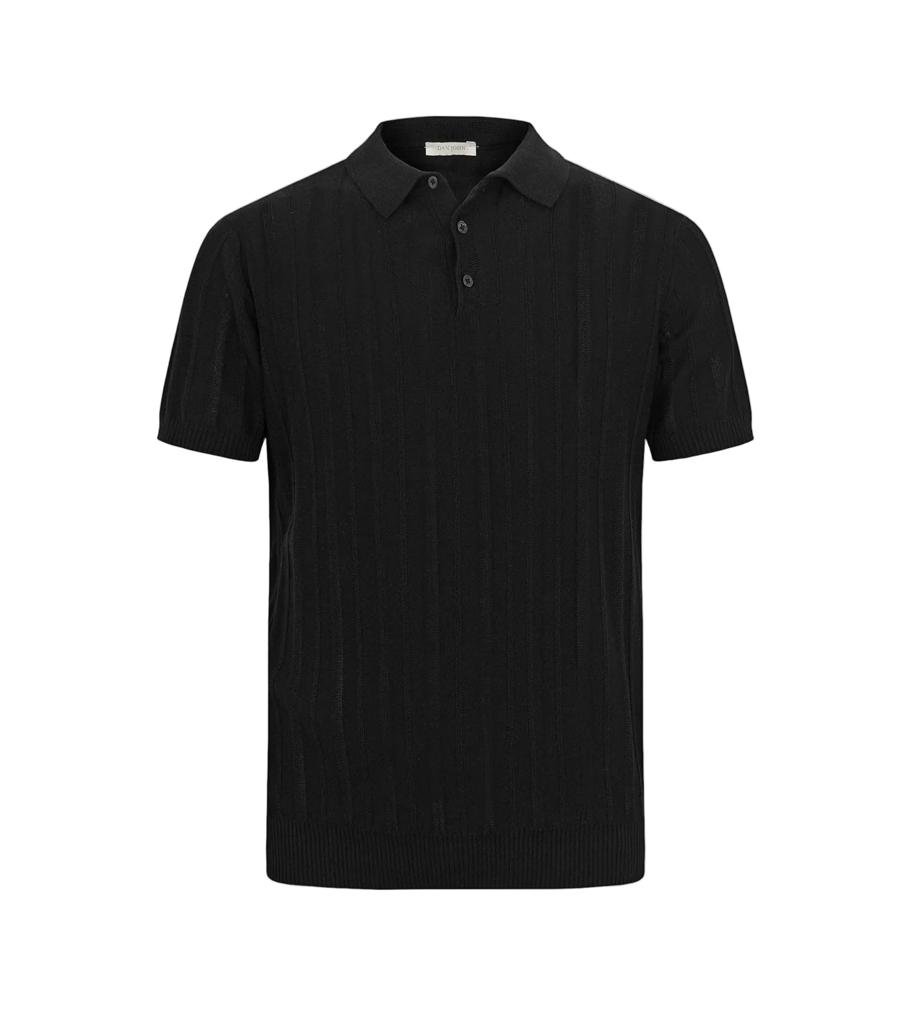 Black men's short-sleeve knit polo shirt with a collared neckline, three-button placket, and vertical ribbed texture.