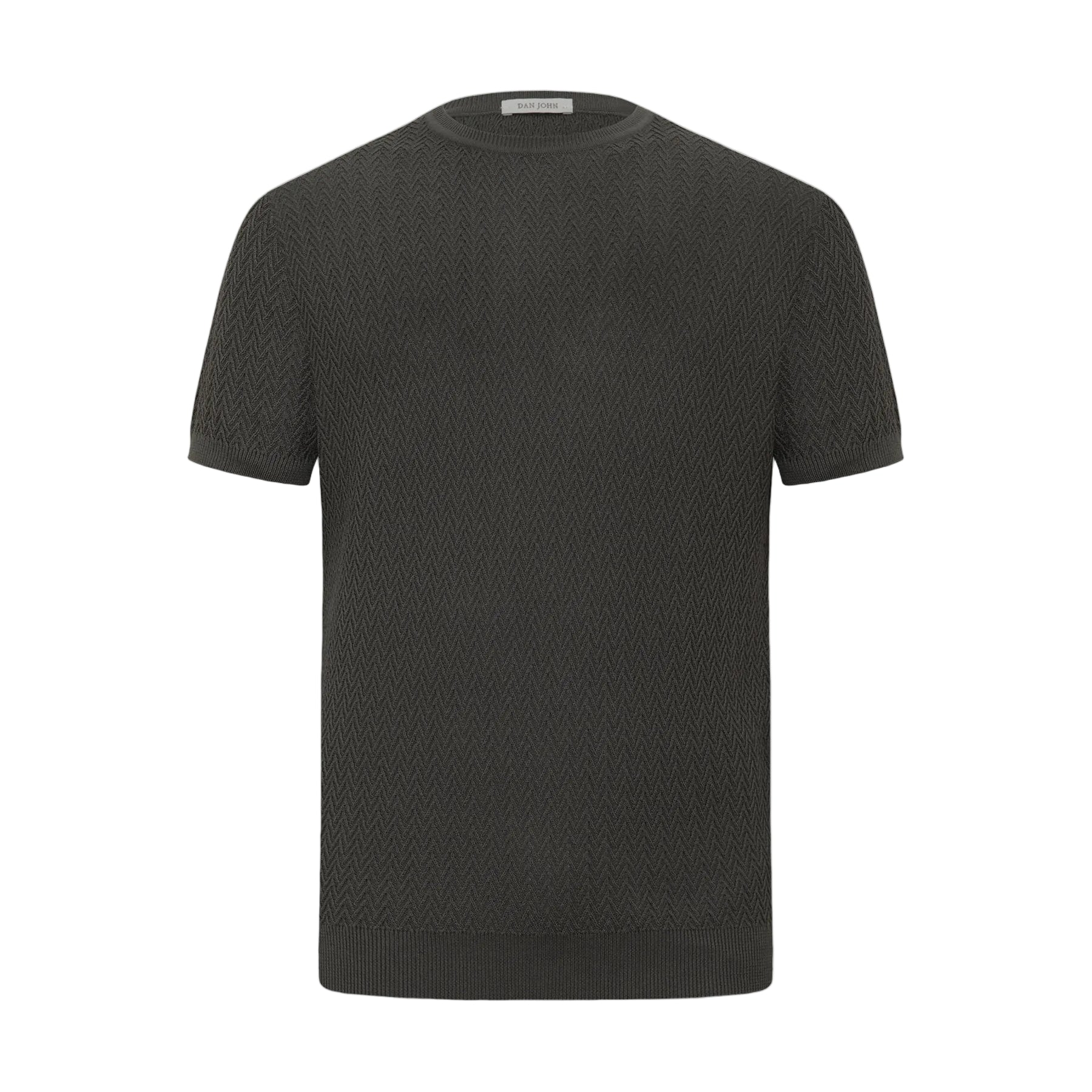 Dark grey Dan John men's short sleeve knitwear t-shirt with a chevron pattern, crew neck, and ribbed cuffs and hem.
